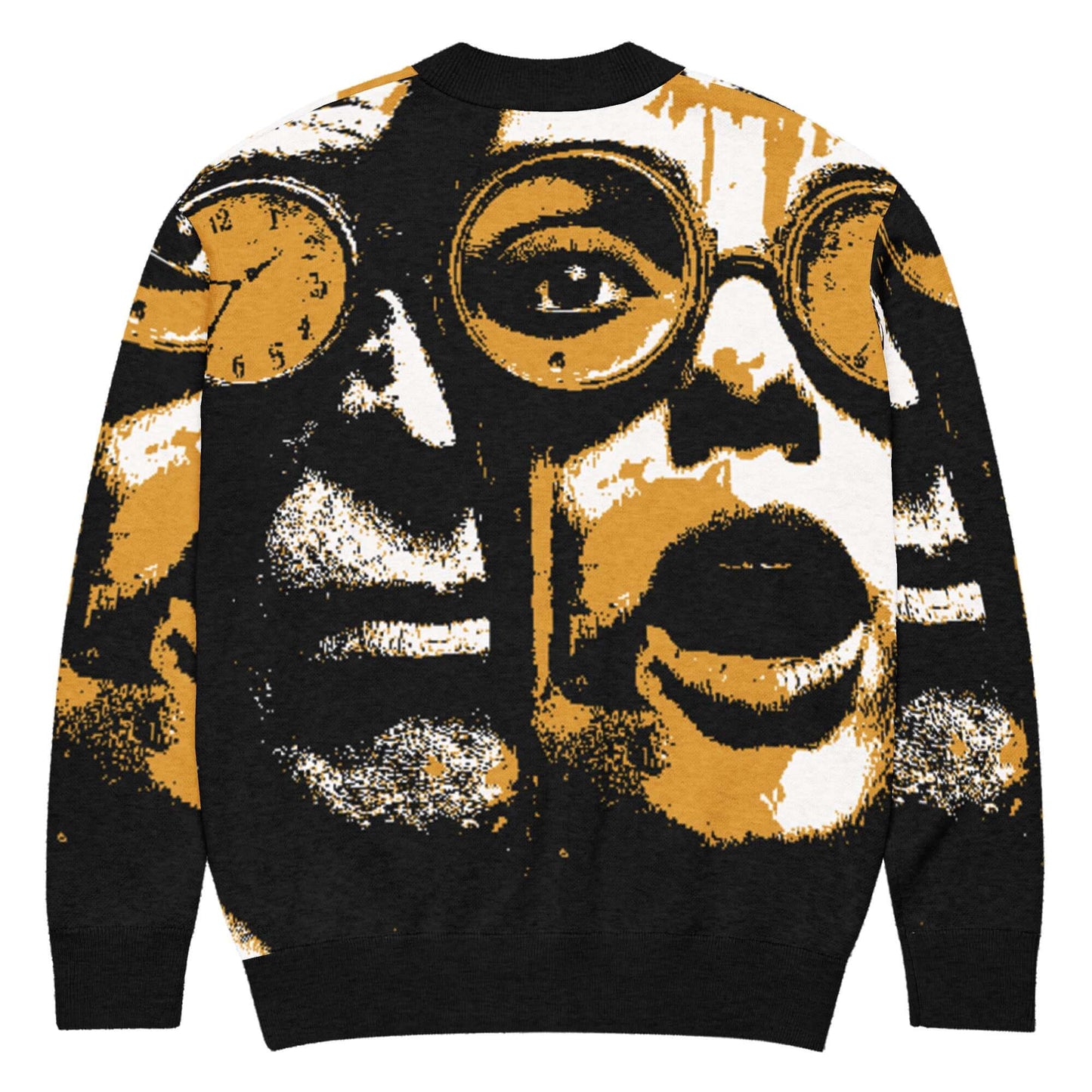 Kreativer Strickjacke mit einzigartigem grafischen Muster, das Gesichter und Uhren in Schwarz und Orange darstellt.