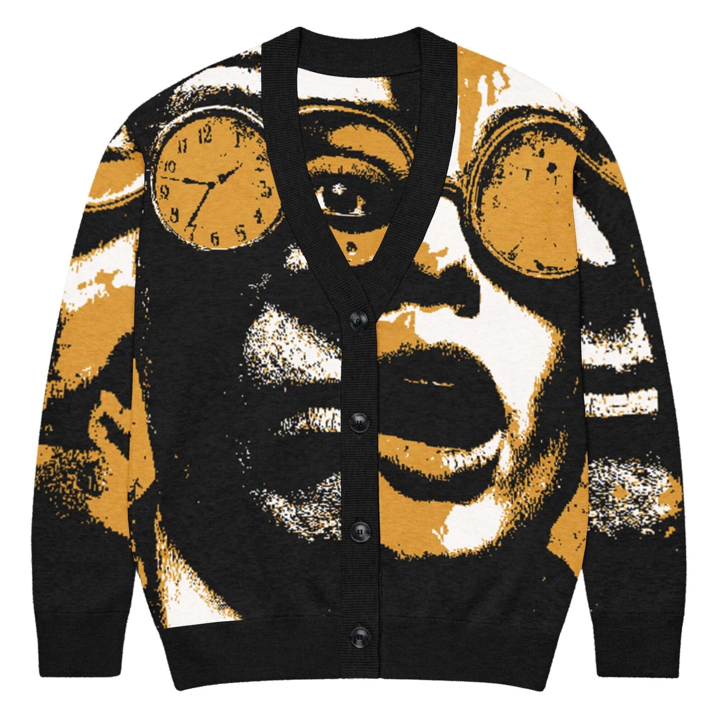 Gestrickter Cardigan mit künstlerischem Design, schwarz mit goldenen Akzenten und einzigartigem Gesichtsmuster.