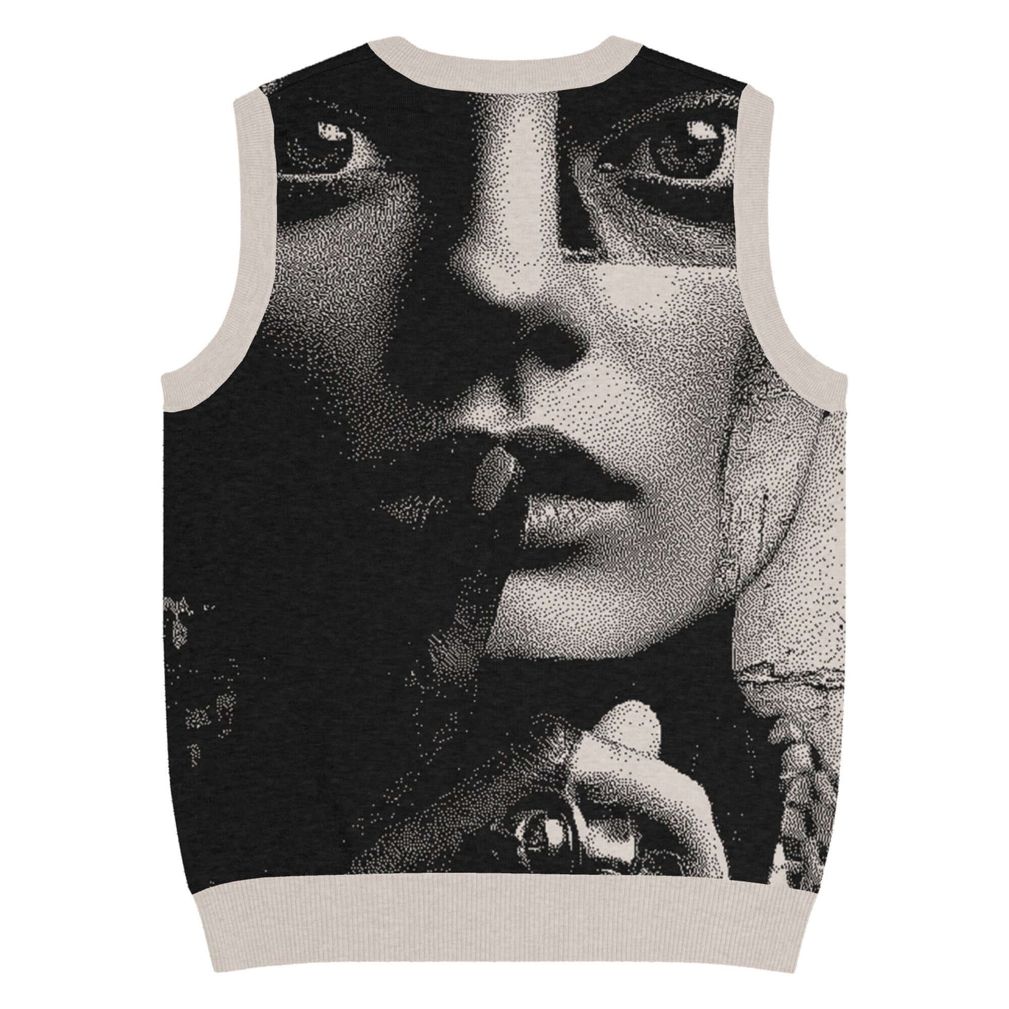 Strickpullover mit V-Ausschnitt featuring vintage black and white graphic, jacquard details, unisex fit for chilly days and cozy nights.