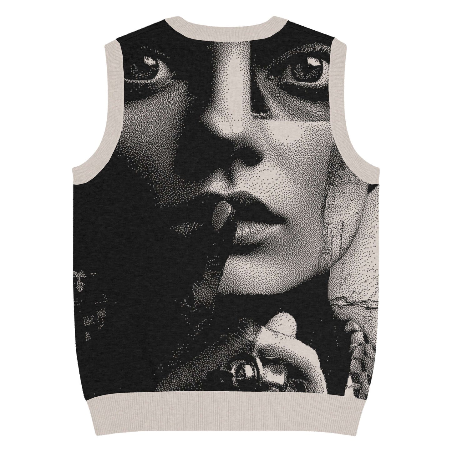 Strickpullover mit V-Ausschnitt featuring artistic face print and classic unisex fit, perfect for stylish and cozy cold days.