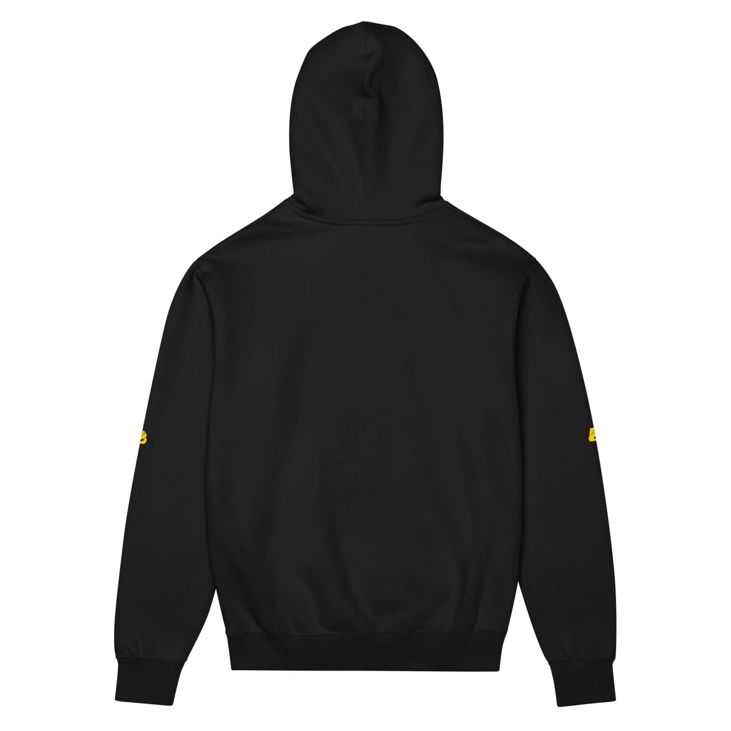 Back view of black "Boxy-Hoodie für Herren" with a soft fleece material and unique boxy fit design.