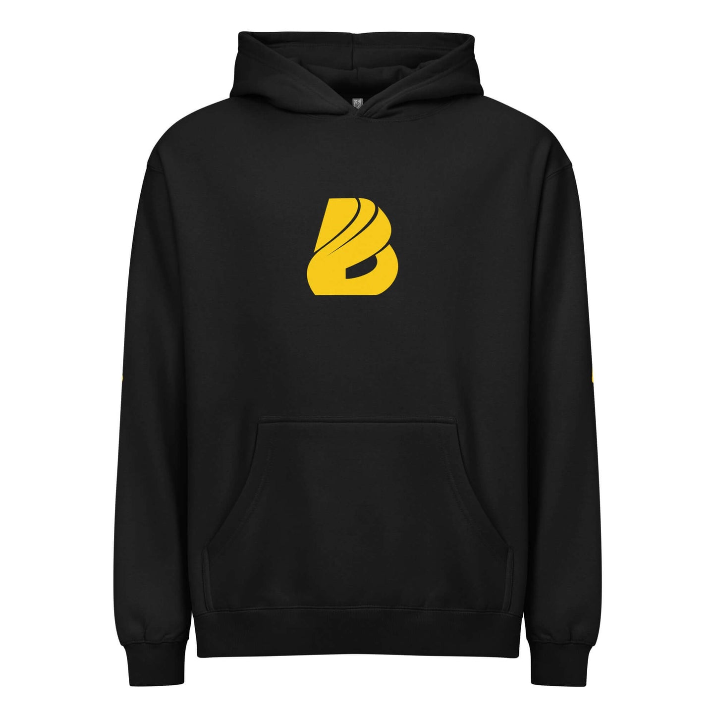 Boxy-Hoodie für Herren in Schwarz mit gelbem Logo und Kängurutasche, oversized Passform, dicht gewebtes Fleece für Weichheit.