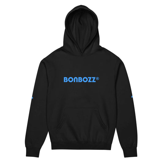 Boxy-Hoodie für Herren in Schwarz mit blauem Bonbozz-Logo, weiches Fleece, übergroße Passform, perfekt für einen frischen Look