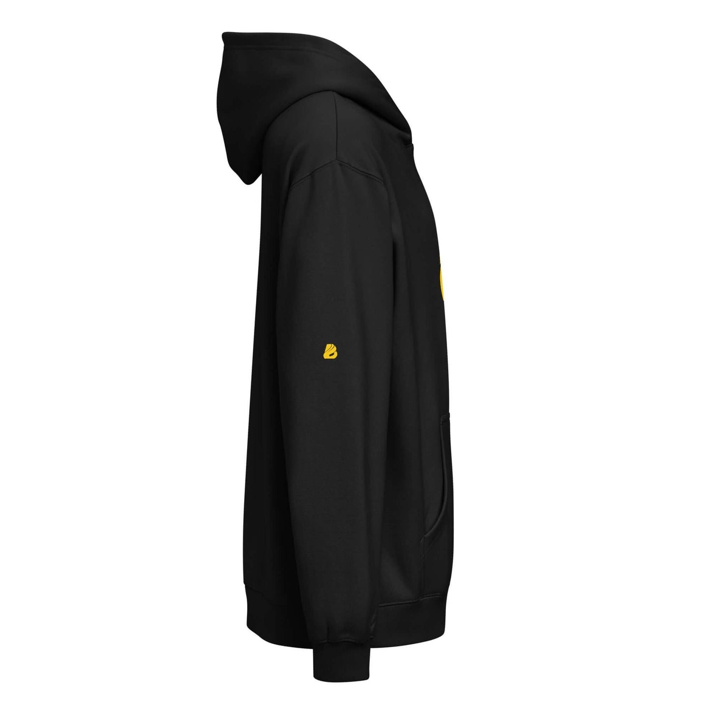 Side view of a black Boxy-Hoodie für Herren showing soft fleece fabric and oversized fit with deep shoulders.