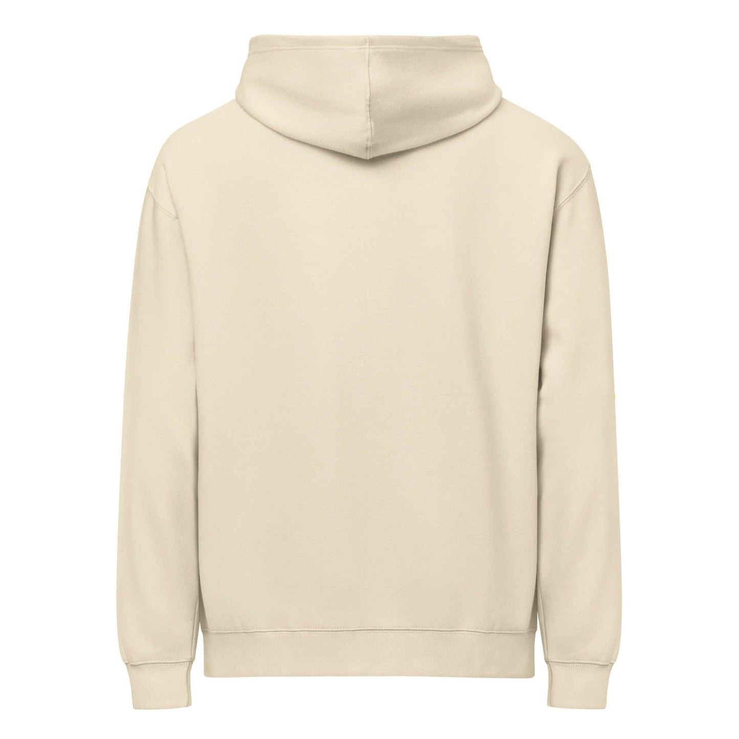 Rückansicht eines Boxy-Hoodie für Herren in Beige, aus weichem Fleece für Komfort und Stil.