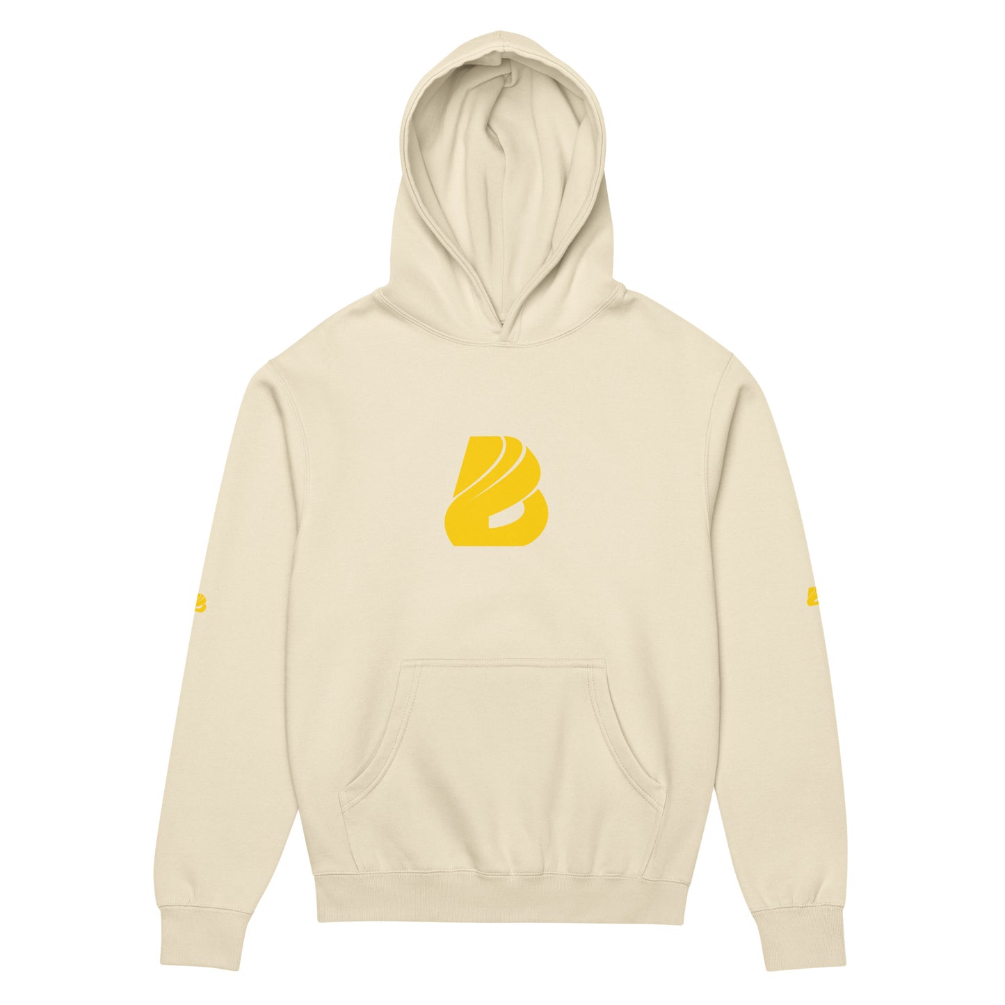 Boxy-Hoodie für Herren in Beige mit gelbem Logo, weiches Fleece, oversized Look