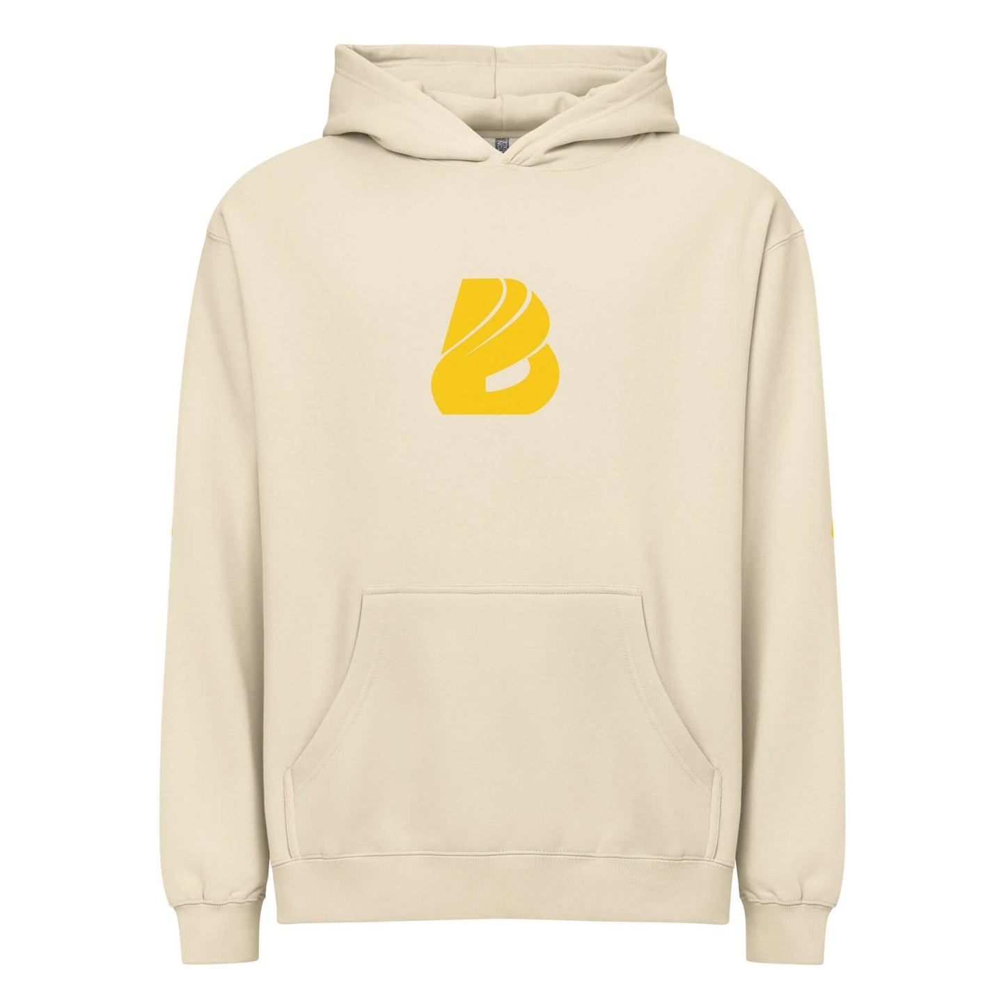 Boxy-Hoodie für Herren, cremefarben, mit gelbem Logo auf der Brust, weiches Fleece-Material, oversized Design mit überschnittenen Schultern