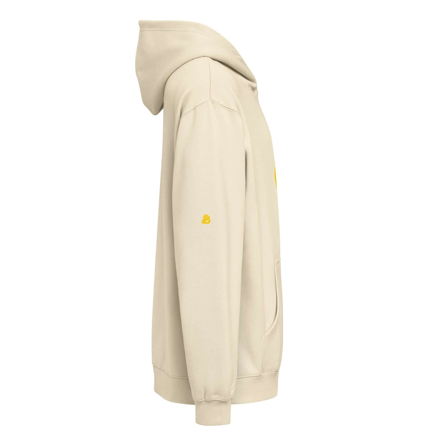 Boxy-Hoodie für Herren in Beige, seitliche Ansicht, besonders weiches Fleece, markante Boxy-Passform.