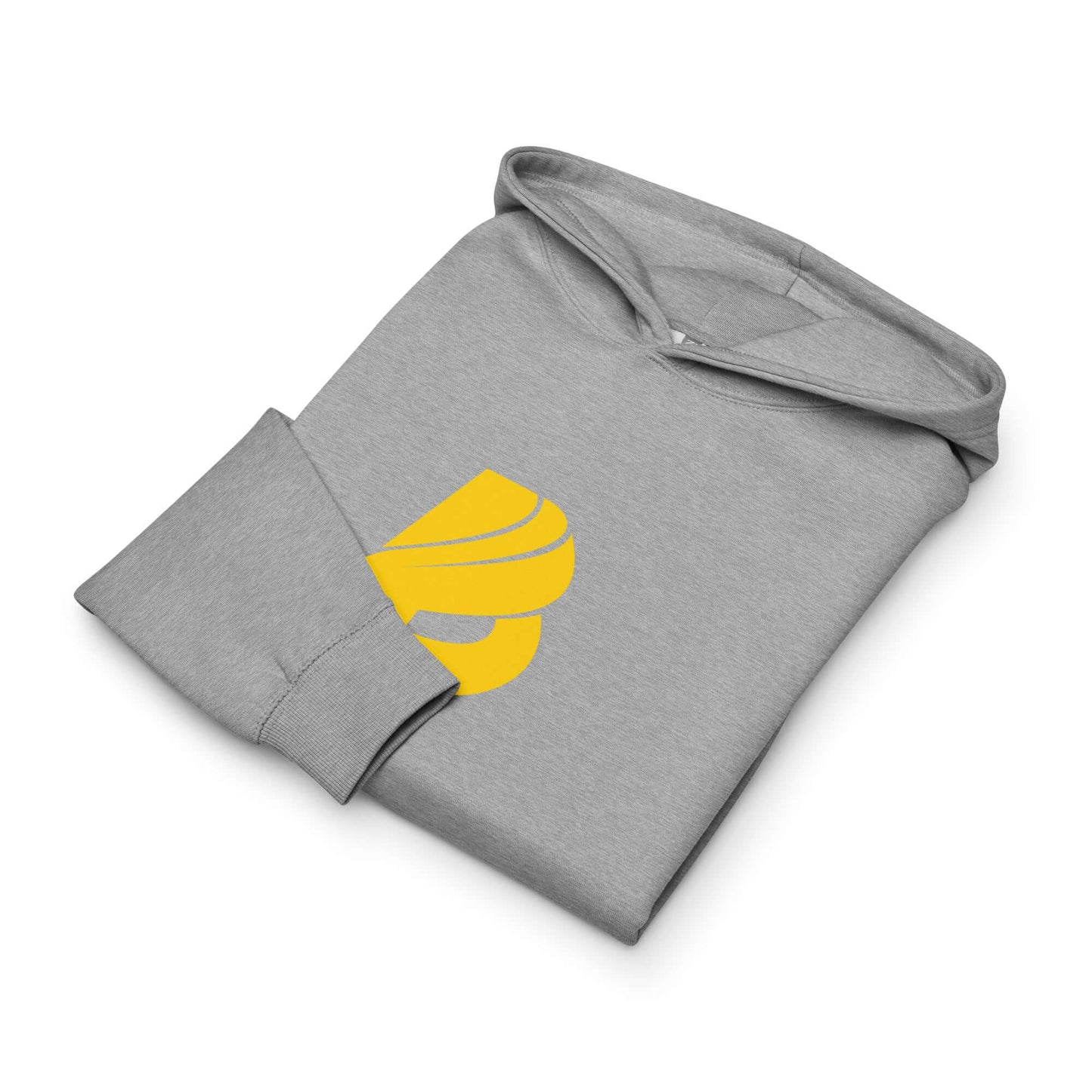 Boxy-Hoodie für Herren aus Fleece in Carbon Grey, weich, oversized mit überlappendem Halsausschnitt, gefaltet mit gelbem Print.