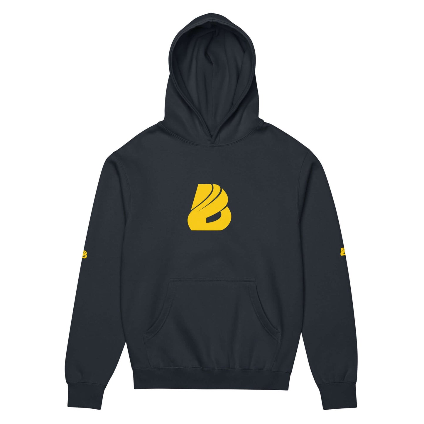 Boxy-Hoodie für Herren in Carbon Grey with a bold yellow logo, featuring a soft fleece material and oversized design.