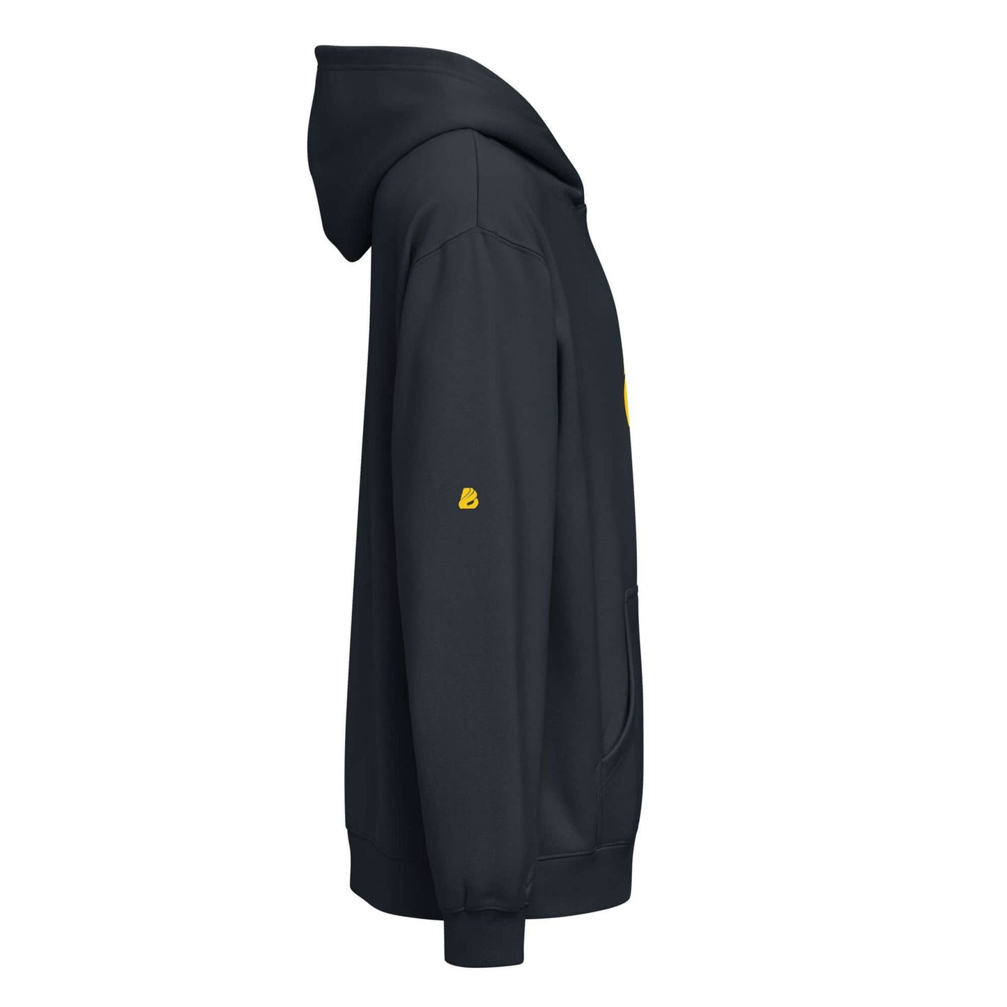 Boxy-Hoodie für Herren in Carbon Grey color, side view showcasing soft fleece and distinct boxy silhouette with deep shoulders.