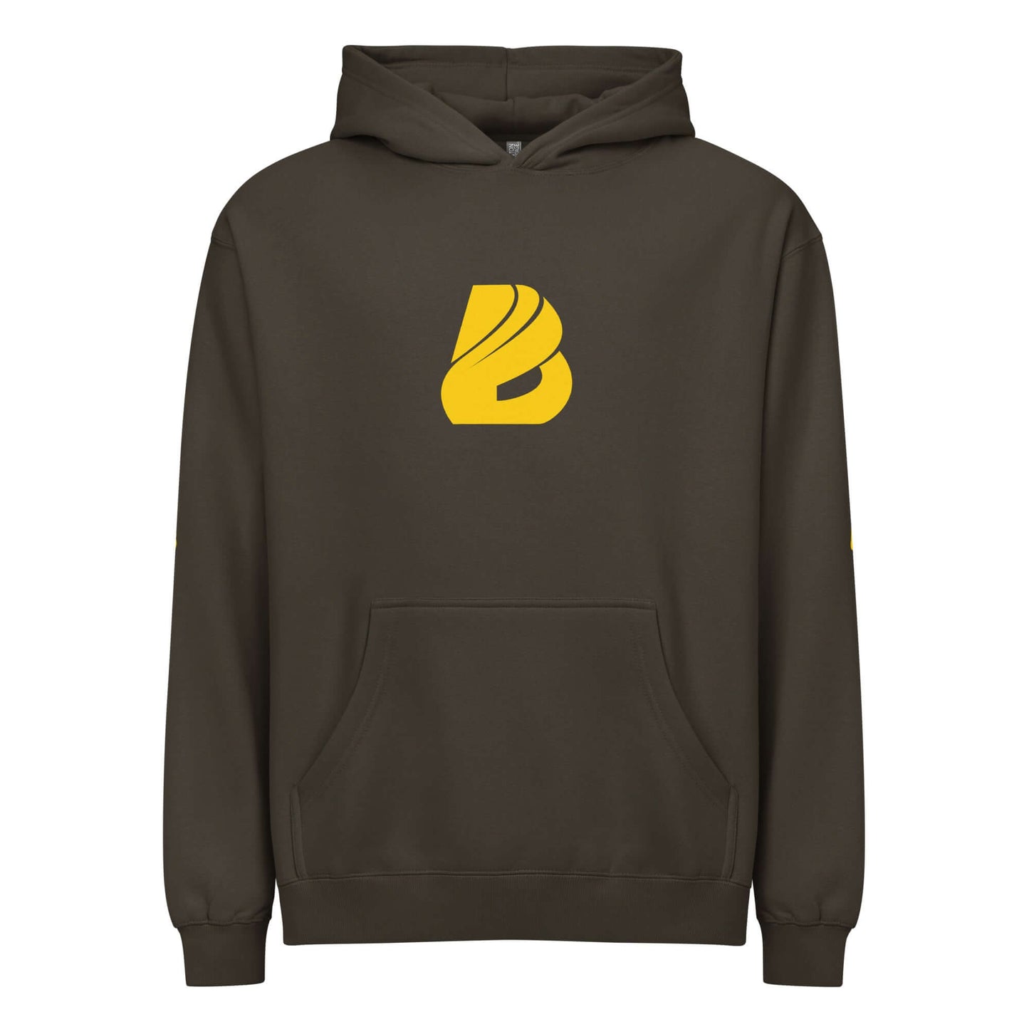 Boxy-Hoodie für Herren in Carbon Grey mit gelbem Logo, weich dank dicht gewebtem Fleece, tief angesetzte Schultern, markante Boxy-Passform.