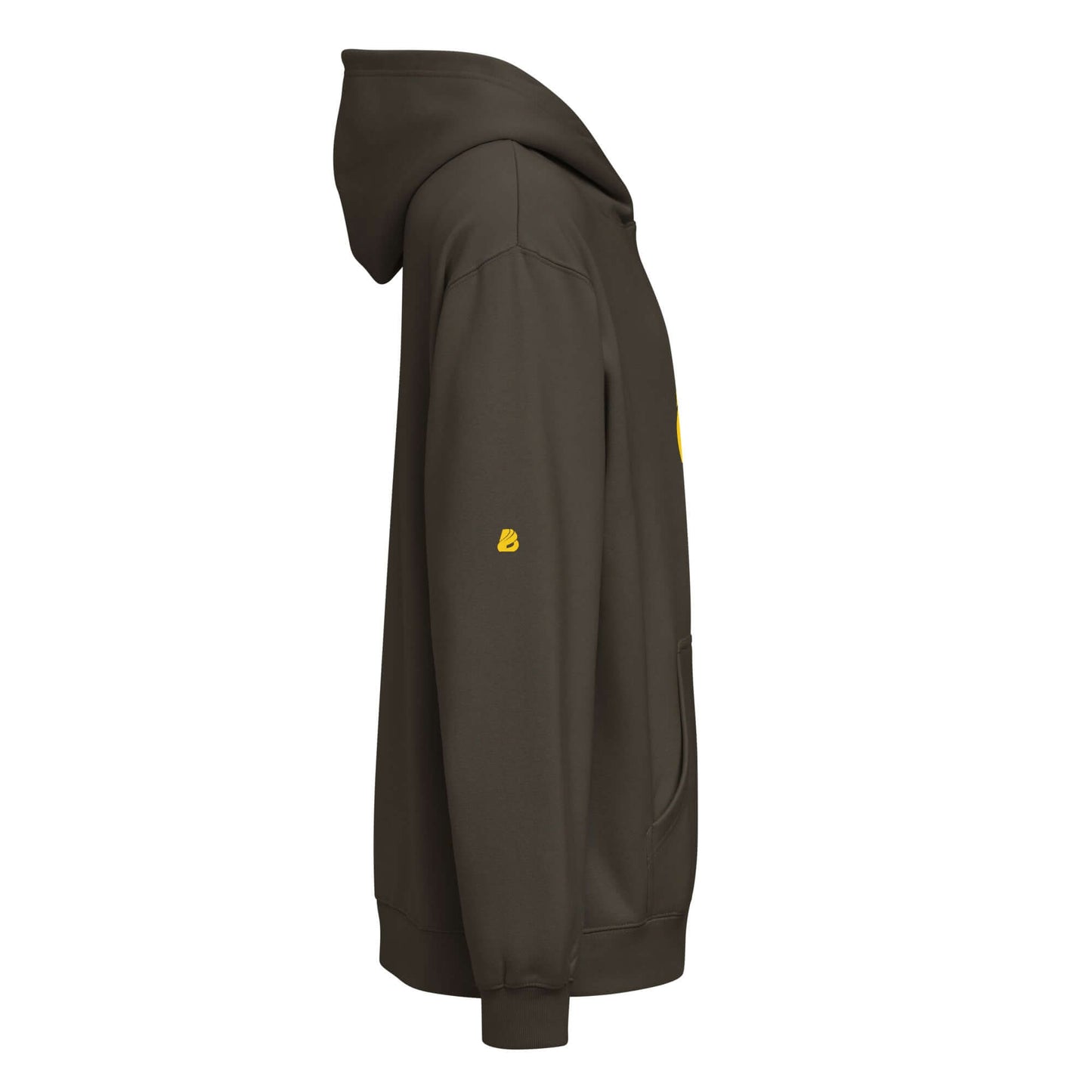 Boxy-Hoodie für Herren in Carbon Grey, oversized with soft fleece and distinctive boxy fit, side view showing deep-set shoulders.