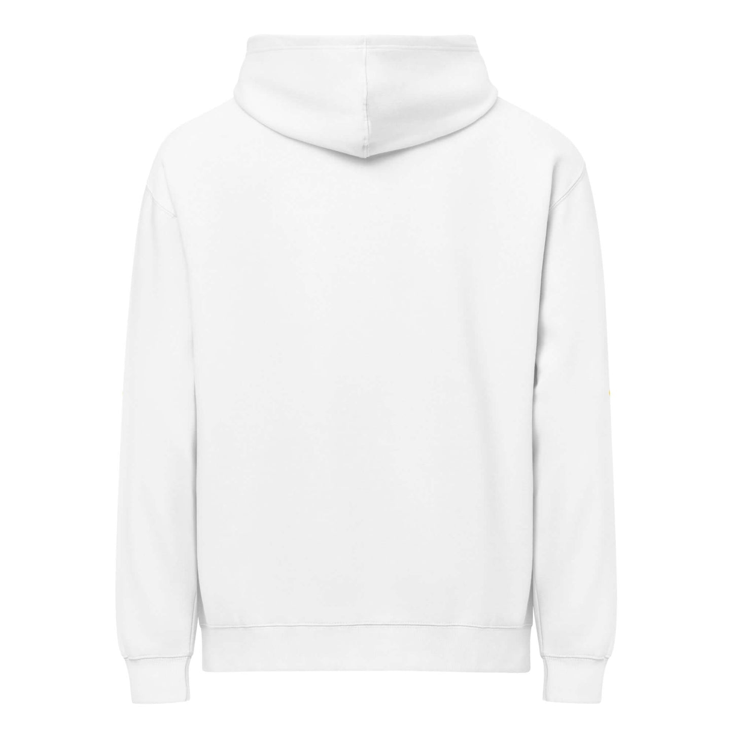 Rückansicht des Boxy-Hoodie für Herren in Weiß, aus dicht gewebtem Fleece, mit tief angesetzten Schultern und überlappendem Halsausschnitt.