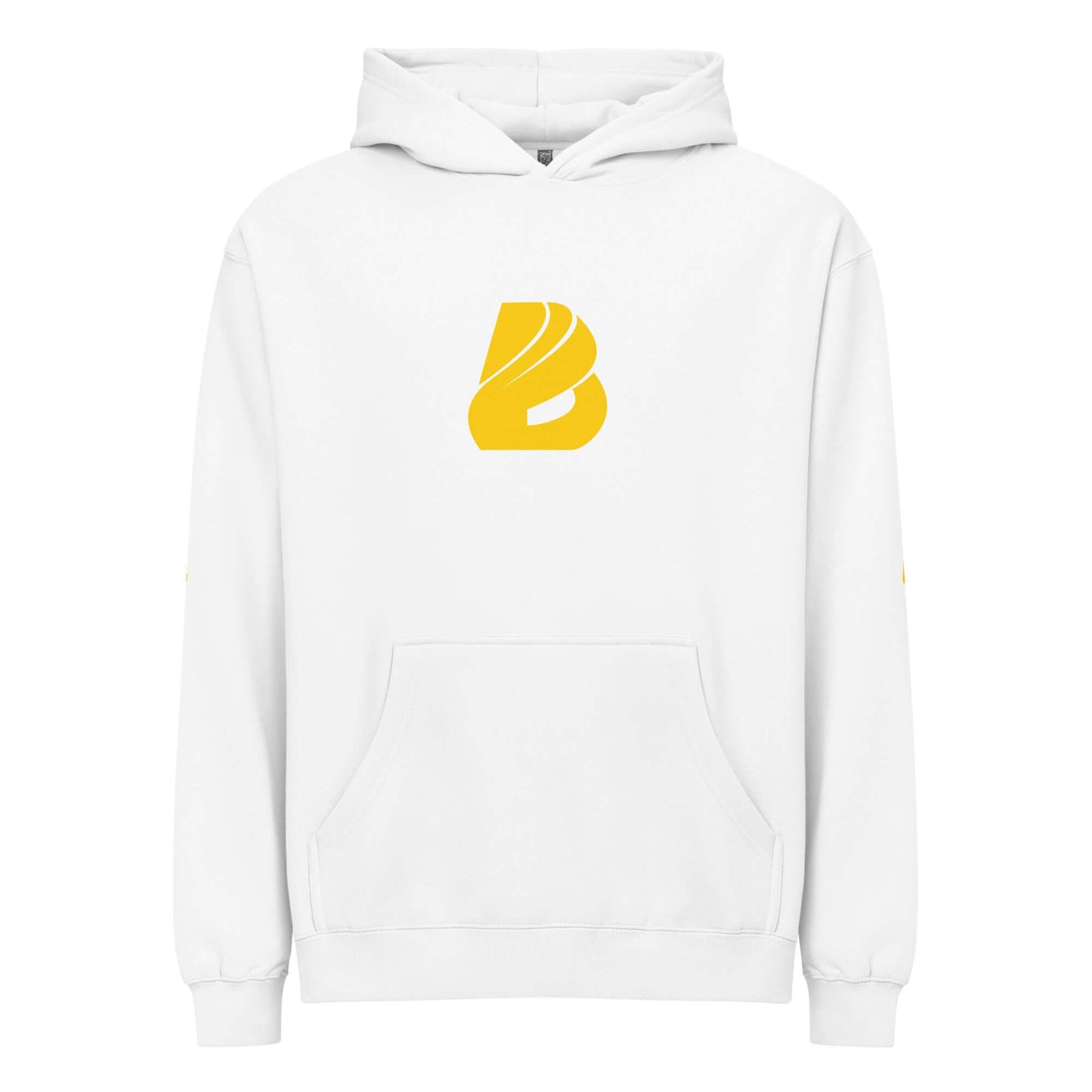 Boxy-Hoodie für Herren in Weiß mit gelbem Logo-Design, aus dicht gewebtem Fleece für weichen Tragekomfort.