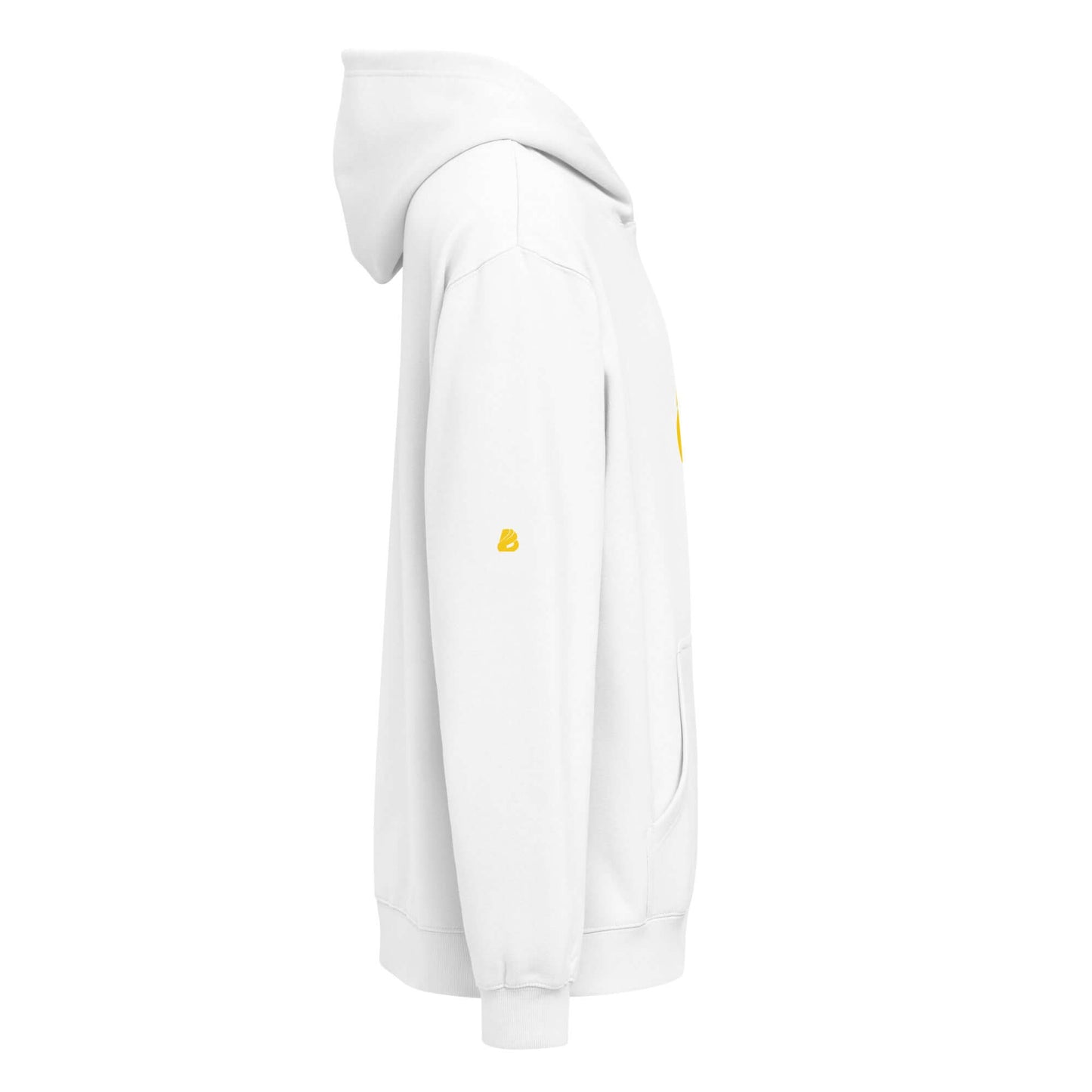 Side view of Boxy-Hoodie für Herren in white with a hood and pocket.