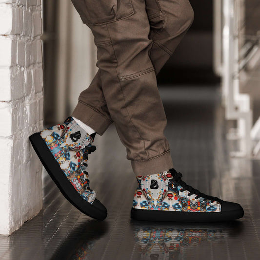 Stylish High-Top Leinenschuhe für Herren N°9 with vibrant design, enhancing casual outfits, shown in urban setting.