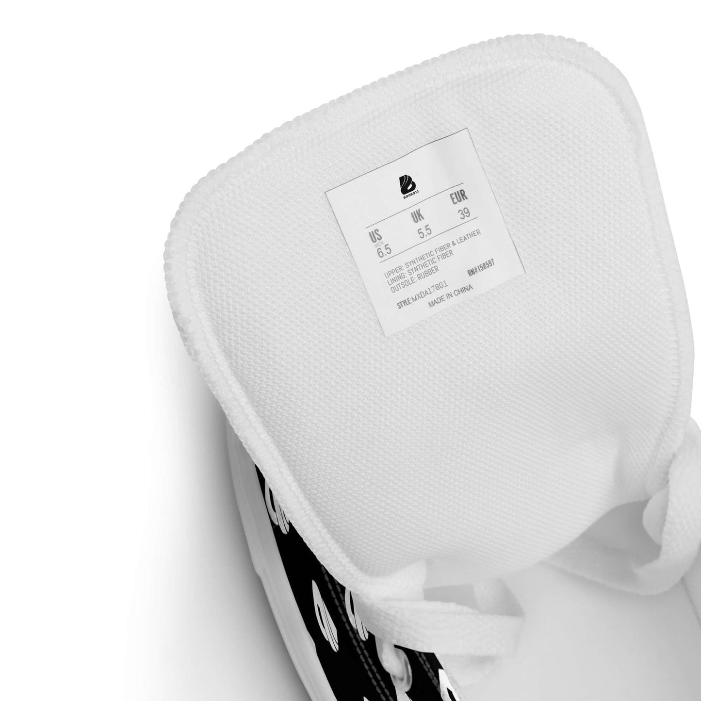 Detailansicht der High-Top Leinenschuhe für Herren N°7 mit Größenschild und weißen Schnürsenkeln.