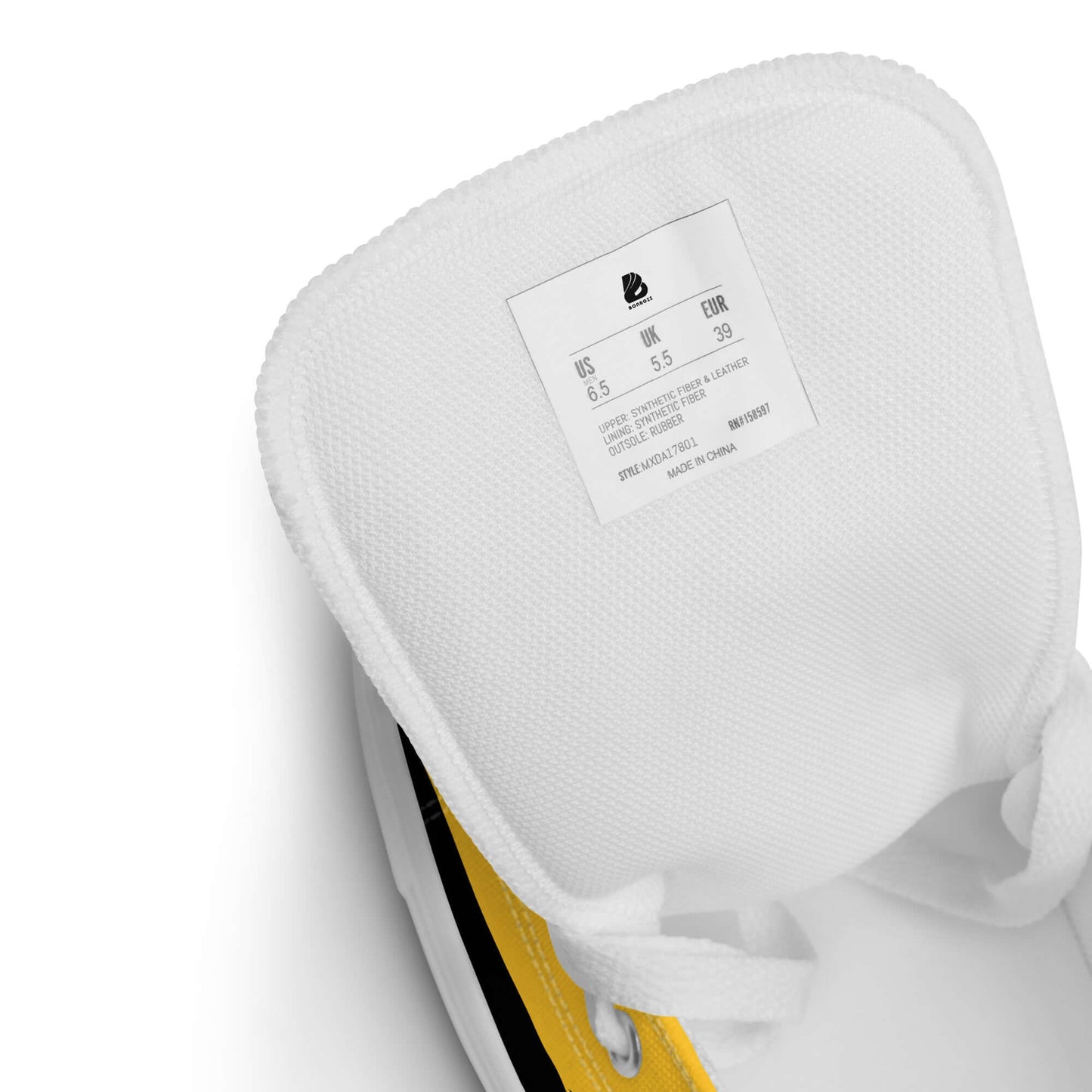 Detailansicht von High-Top Leinenschuhe für Herren N°8 mit weißem Innenfutter und Etikett. Größe EU 39 erkennbar.