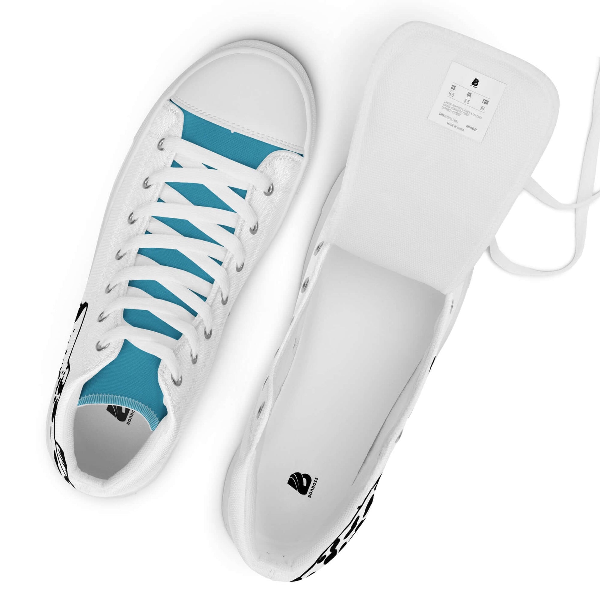 High-Top Leinenschuhe für Herren N°5, weiße Sneaker mit blauem Futter und Schnürsenkeln, handgefertigt und atmungsaktiv.