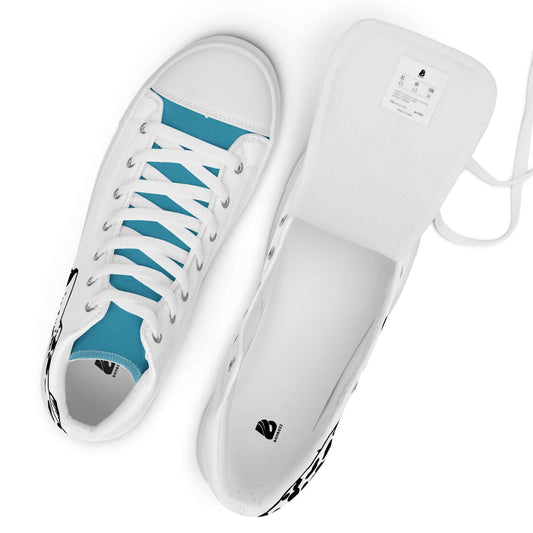 High-Top Leinenschuhe für Herren N°5, weiße Sneaker mit blauem Futter und Schnürsenkeln, handgefertigt und atmungsaktiv.