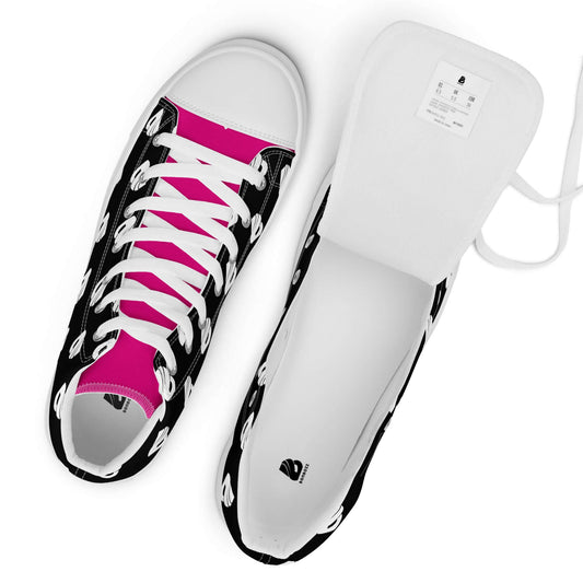 High-Top Leinenschuhe für Herren N°7, handgefertigt, trendy, schwarz-weißes Design mit pinken Highlights und weißen Schnürsenkeln.
