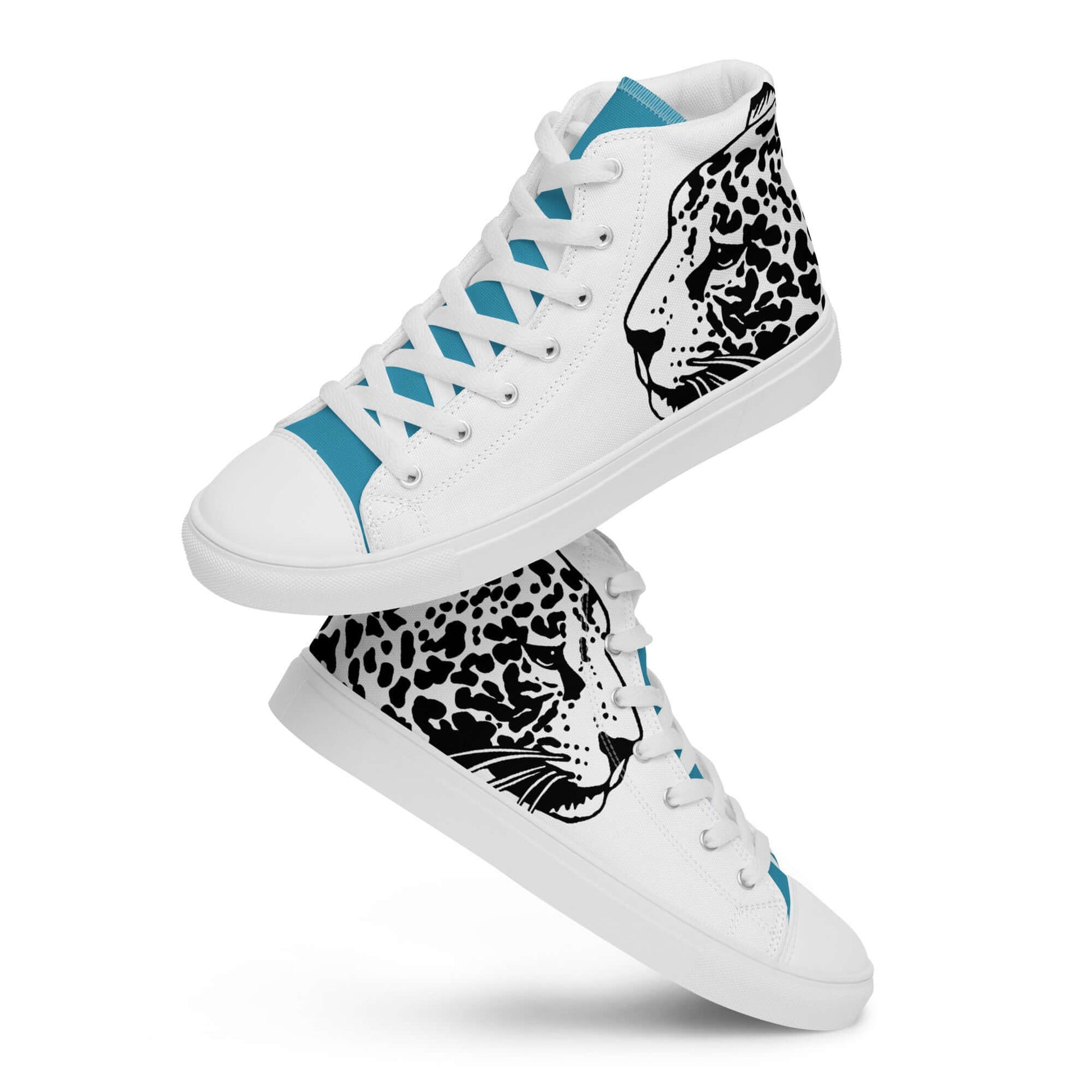 High-Top Leinenschuhe für Herren N°5 with leopard design and blue accents, handcrafted and trendy footwear, elevate your style.