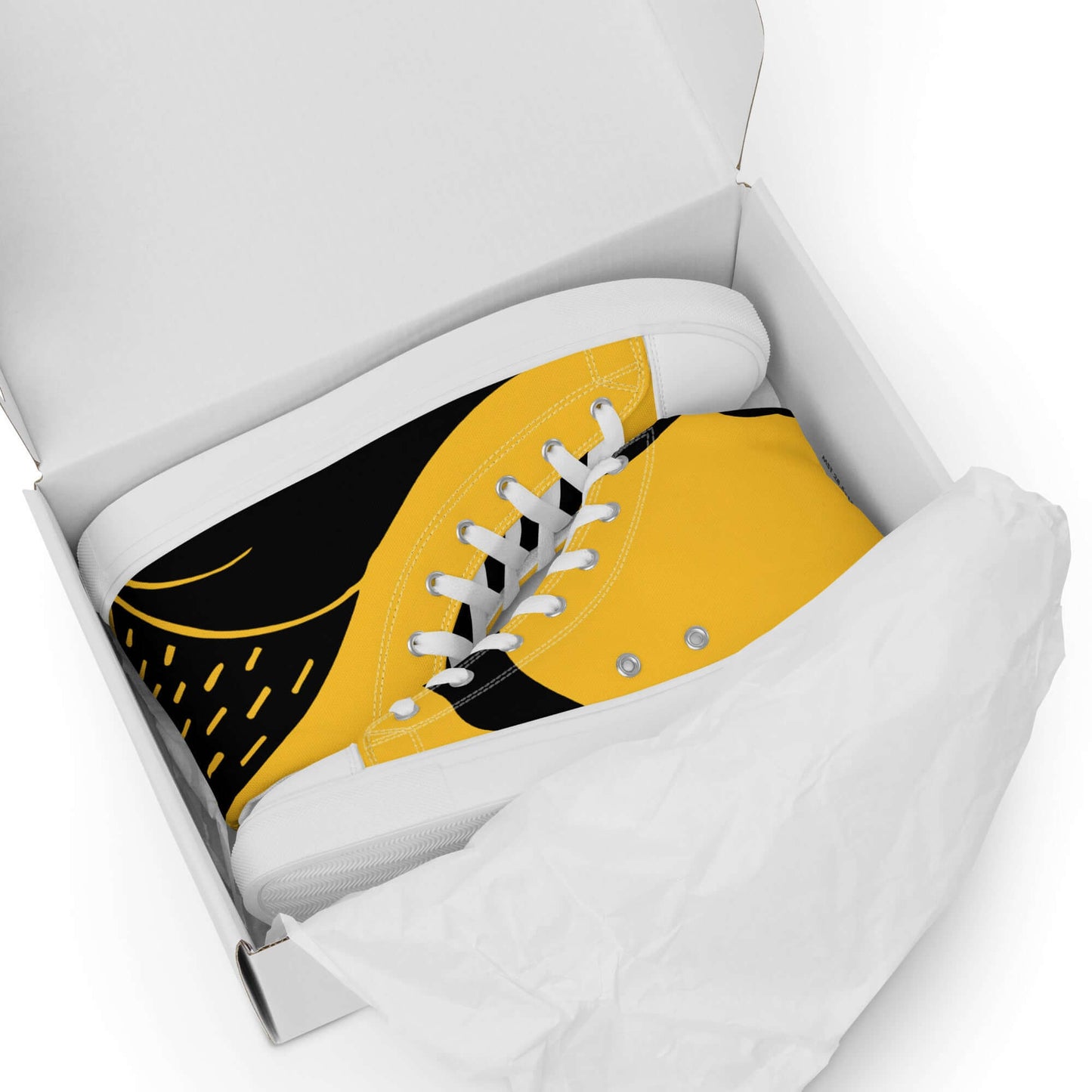 High-Top Leinenschuhe für Herren N°8 in gelb und schwarz, trendiges Design in einem Schuhkarton