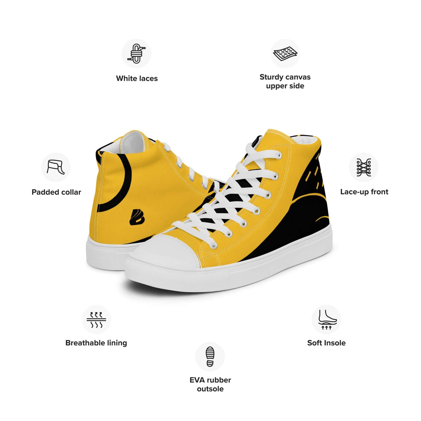 High-Top Leinenschuhe für Herren N°8, gelbe Leinenschuhe mit weißen Schnürsenkeln, EVA-Gummisohle und gepolstertem Kragen.