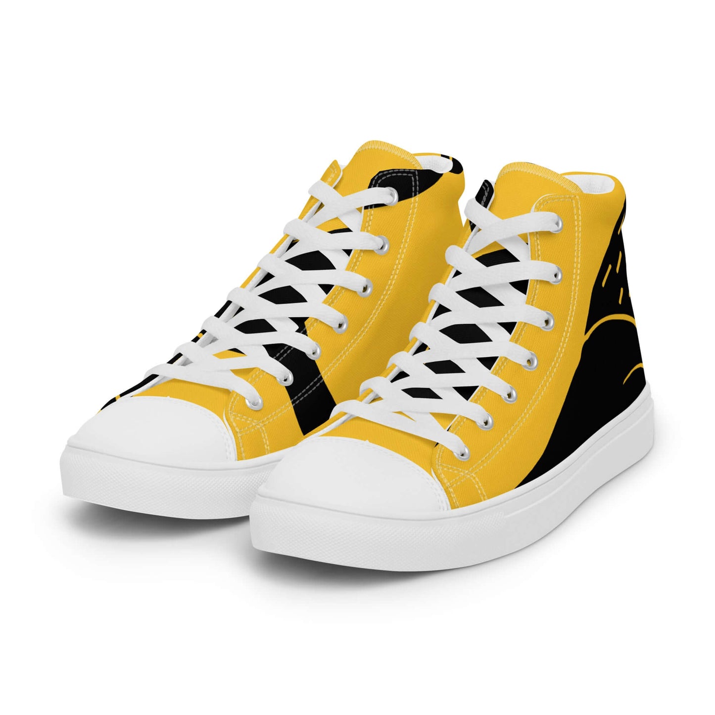 High-Top Leinenschuhe für Herren N°8, gelbe und schwarze handgefertigte Schuhe mit weißen Schnürsenkeln und gepolstertem Kragen