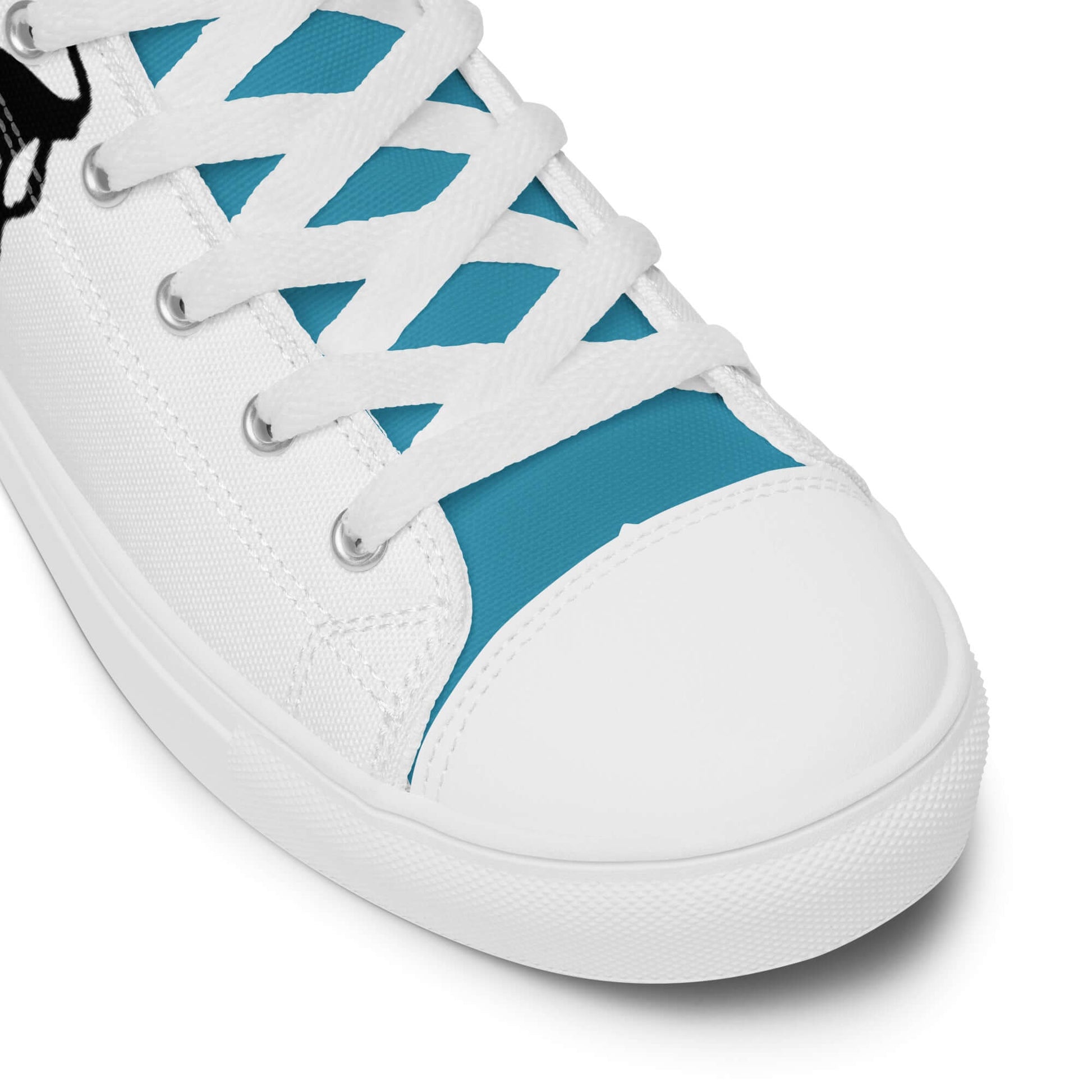 Close-up of High-Top Leinenschuhe für Herren N°5 with turquoise and white design, showing white laces and synthetic leather toe cap.
