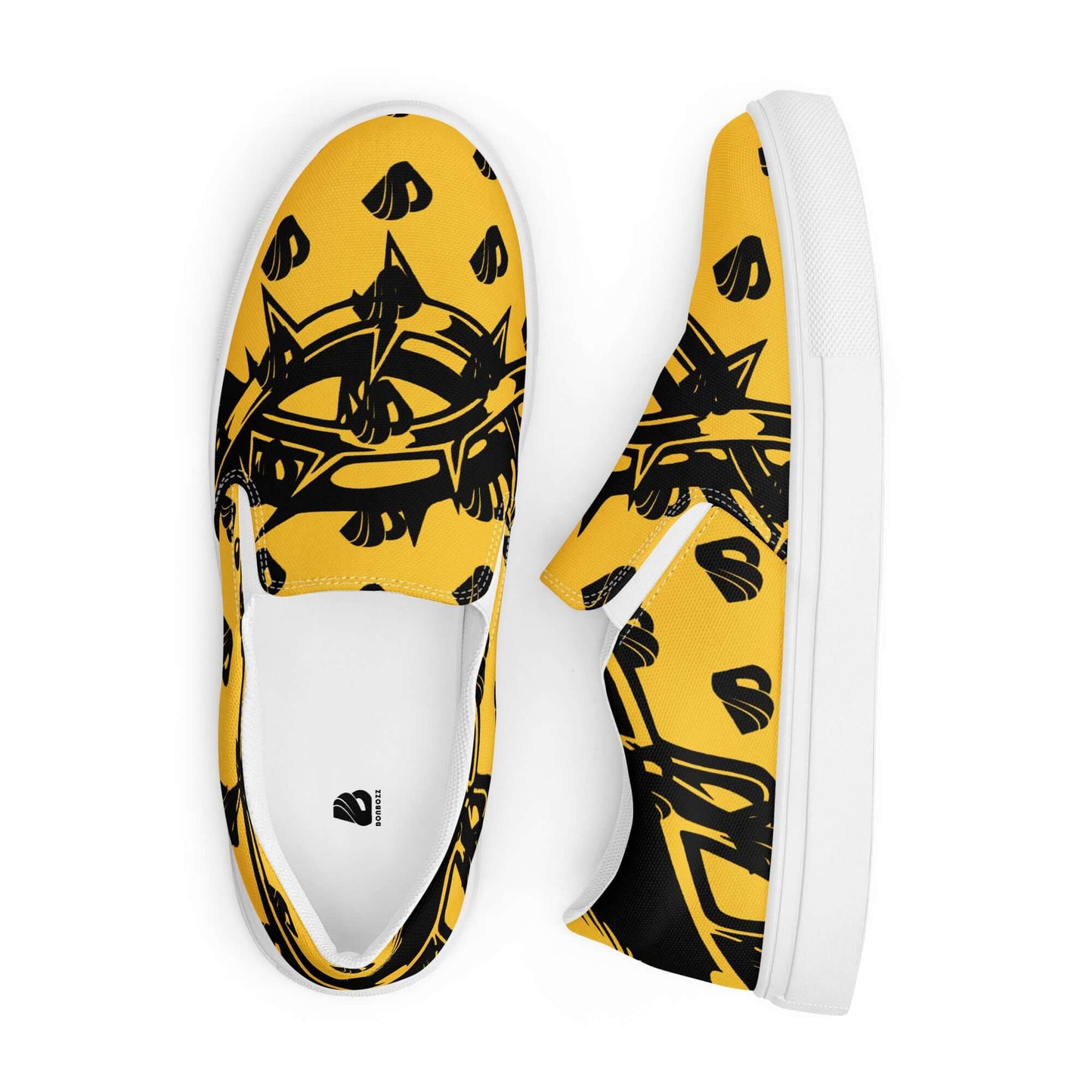 Herren-Canvas-Slipper N°1 in gelbem Design mit schwarzen Motiven, ideal für Komfort und Stil, ausgestattet mit anpassbaren Einlegesohlen.