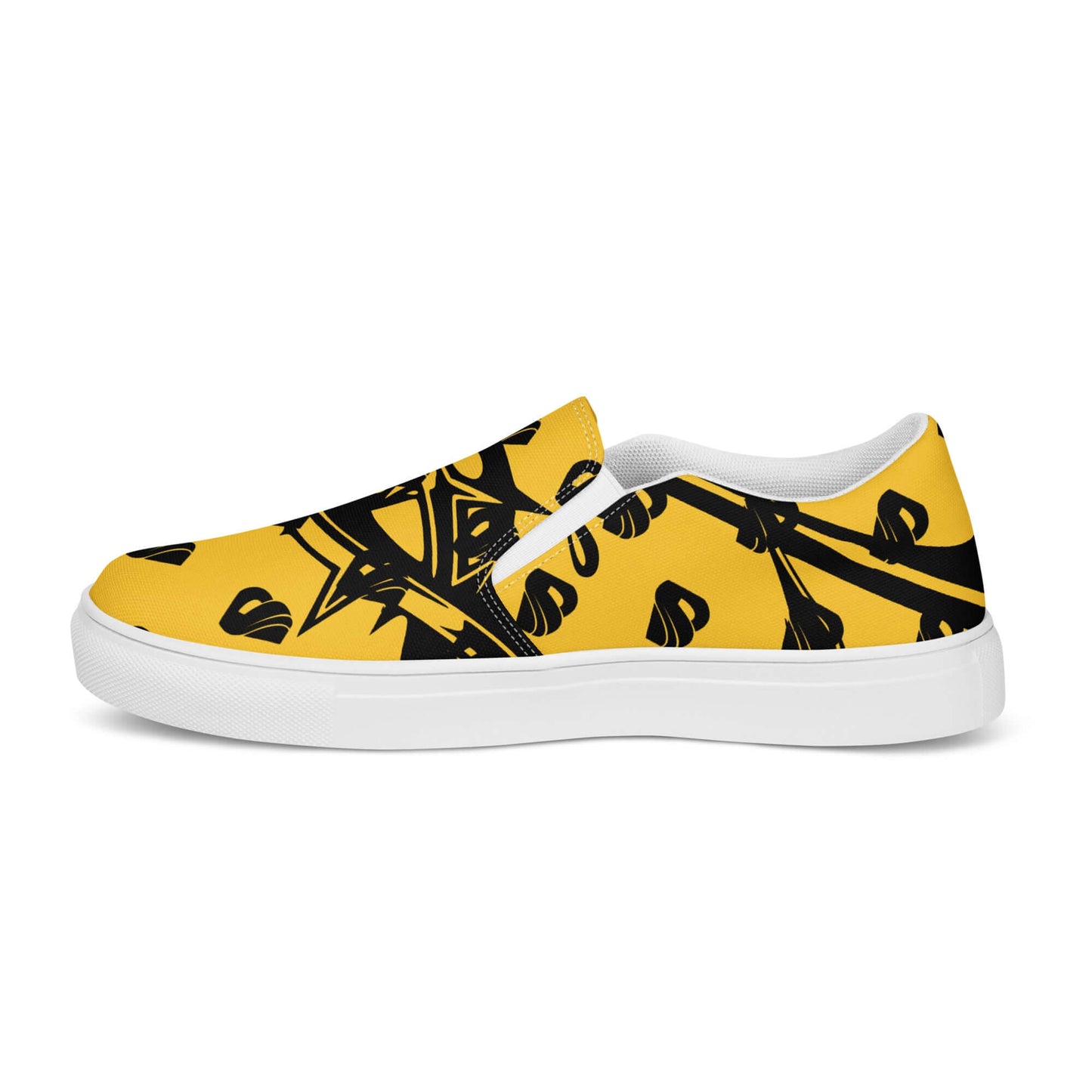 Herren-Canvas-Slipper N°1 in vibrant yellow with black patterns, featuring removable soft insoles and EVA rubber soles for comfort and fit.