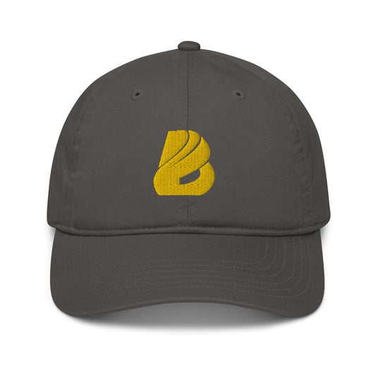 Bio-Dad Hat N°1 in charcoal with yellow logo, made from 100% organic cotton, unstructured 6-panel dad hat for sustainable fashion.