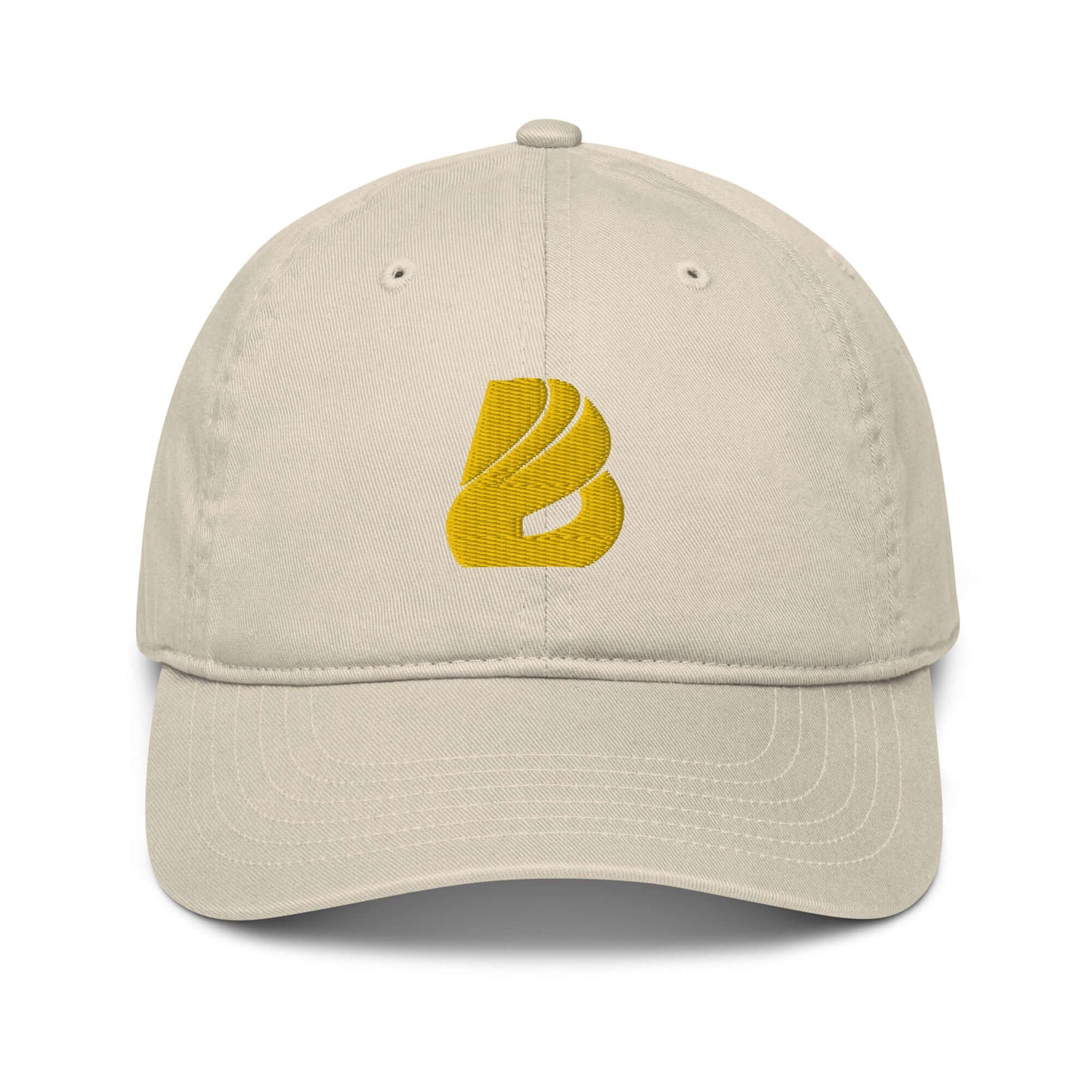 Bio-Dad Hat N°1 made from 100% organic cotton in a classic dad style. Eco-friendly and stylish headwear featuring a yellow embroidered logo.