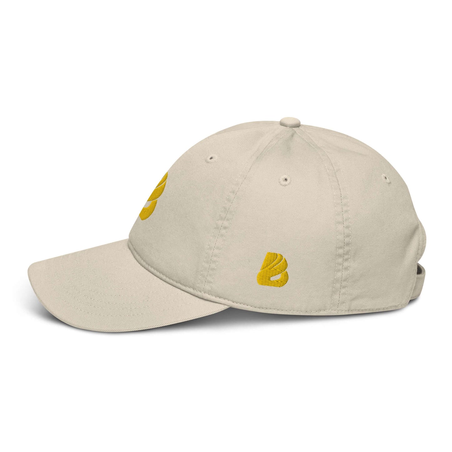 Bio-Dad Hat N°1 made of 100% organic cotton, featuring a classic design and unstructured 6-panel style in beige with yellow embroidery.