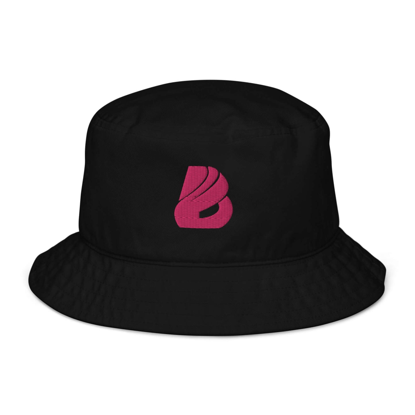 Fischerhut aus Bio-Baumwoll-Twill N°0 in Schwarz mit pinkem Logo, stilvoller und umweltfreundlicher Twill-Hut aus 100% Baumwolle.