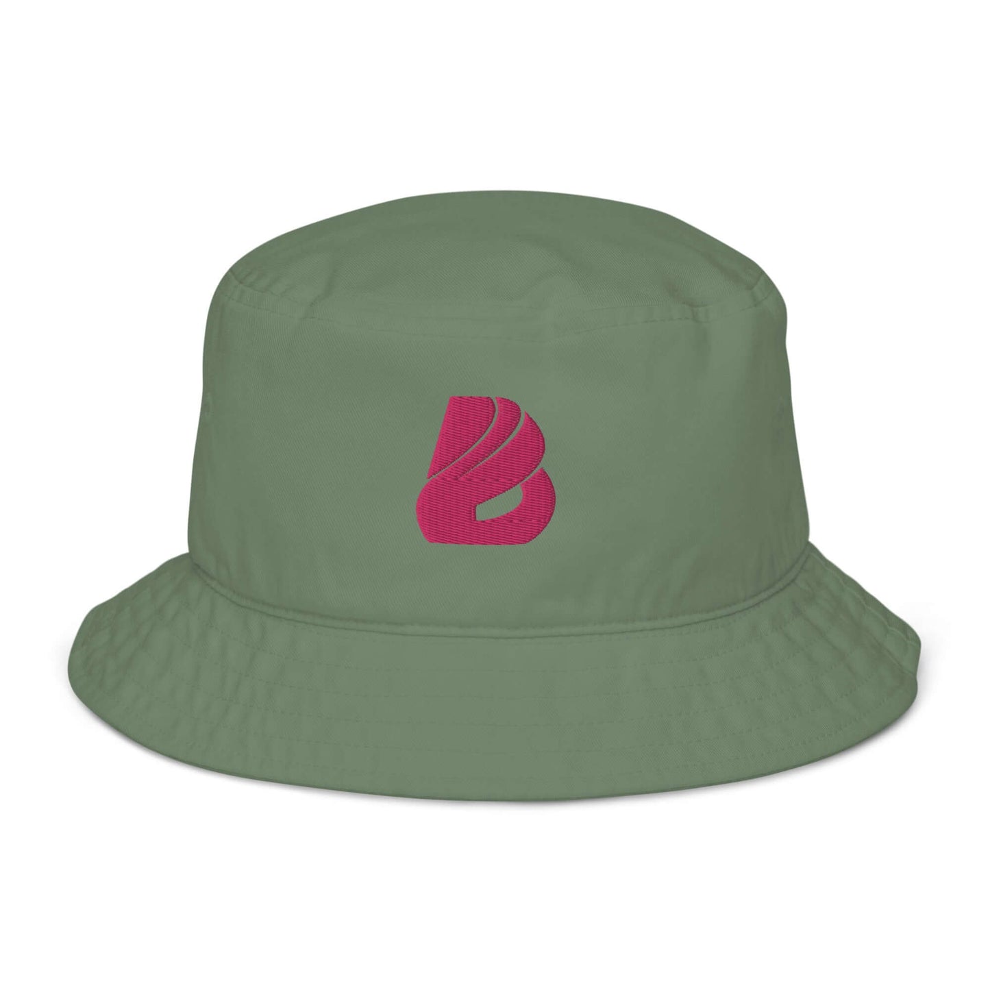 Fischerhut aus Bio-Baumwoll-Twill N°1, stilvoller olivegrüner Twill-Hut mit pinkem Logo, umweltfreundliche Mode