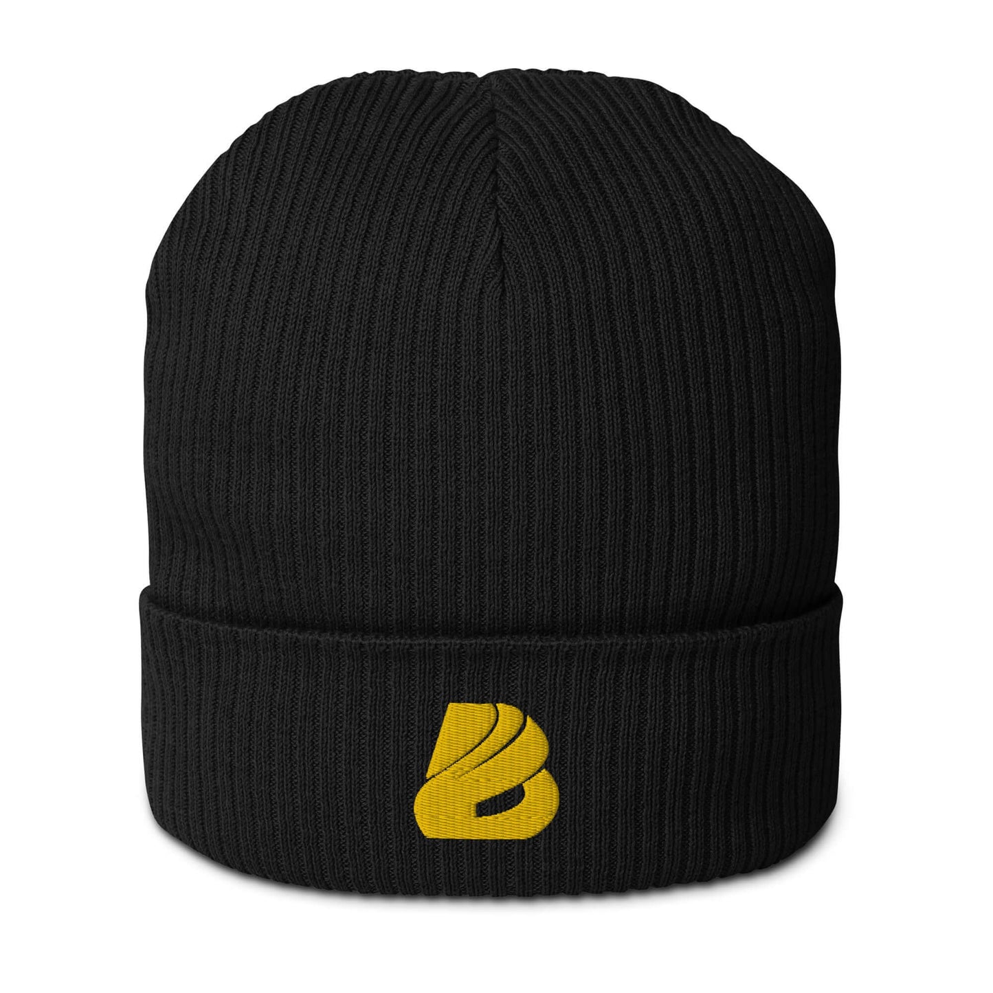 Gerippte Bio-Beanie N°1 aus 100% Bio-Baumwolle, schwarz, mit gelbem Logo, stylisch und umweltfreundlich.