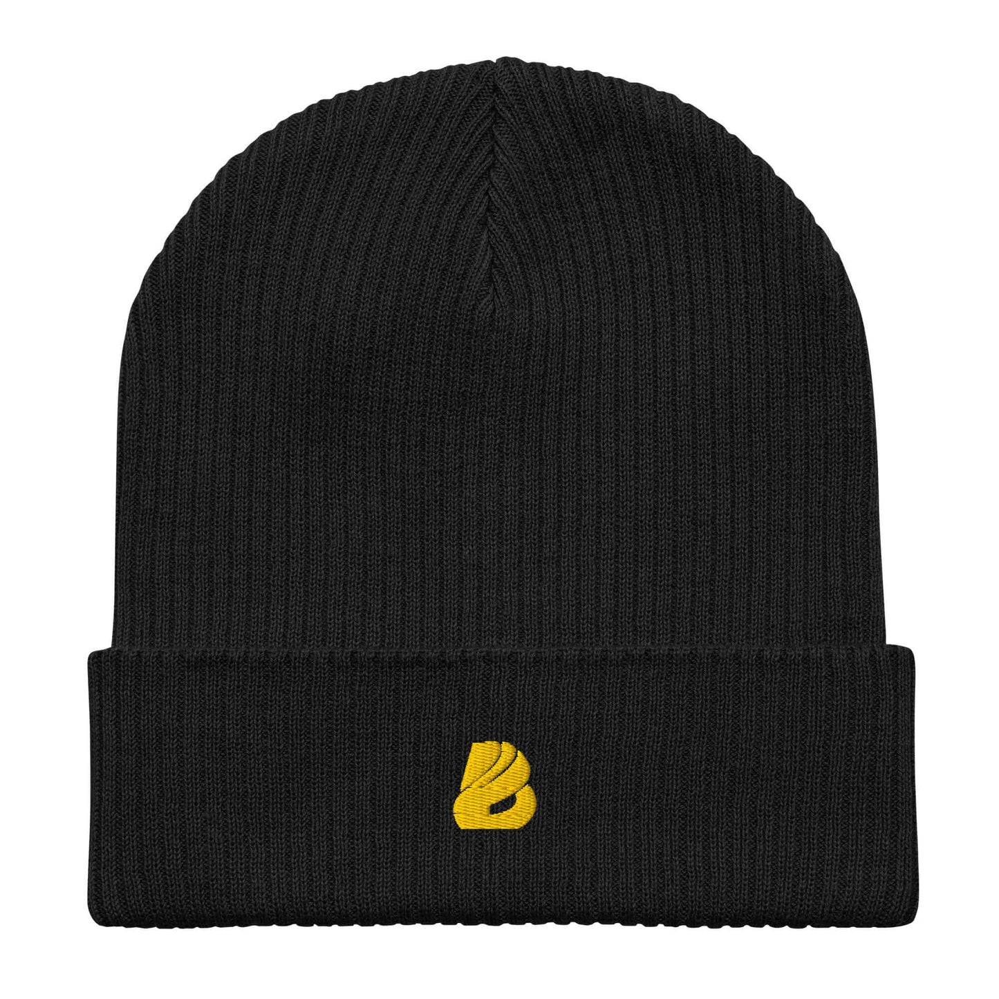 Gerippte Bio-Beanie aus 100% Bio-Baumwolle, schwarzes Rippmuster mit gelbem Logo, stylisch und umweltfreundlich für drinnen und draußen.