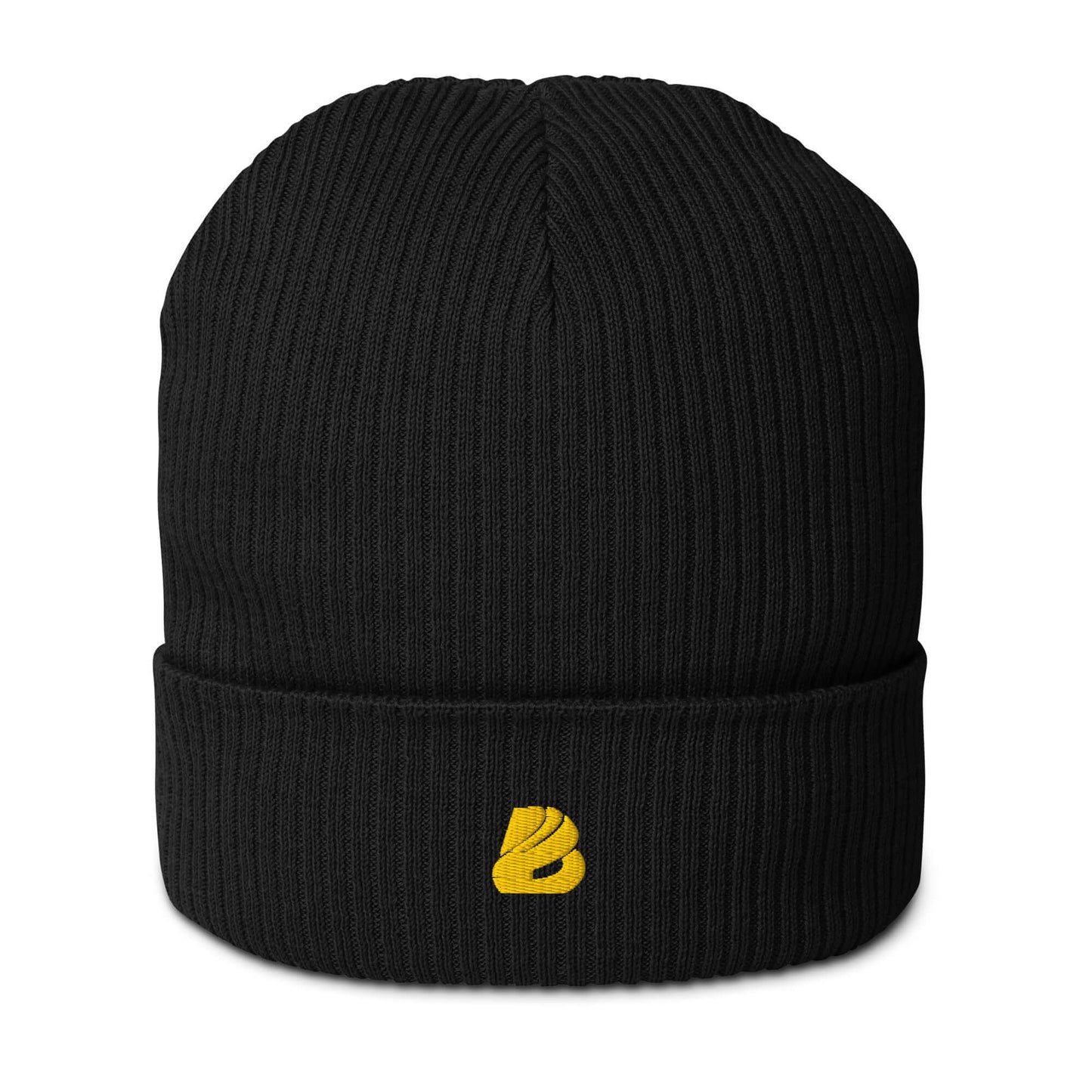 Gerippte Bio-Beanie in schwarzer Bio-Baumwolle mit gelbem Logo auf dem Umschlag, ideal für stilvolles und umweltfreundliches Tragen.
