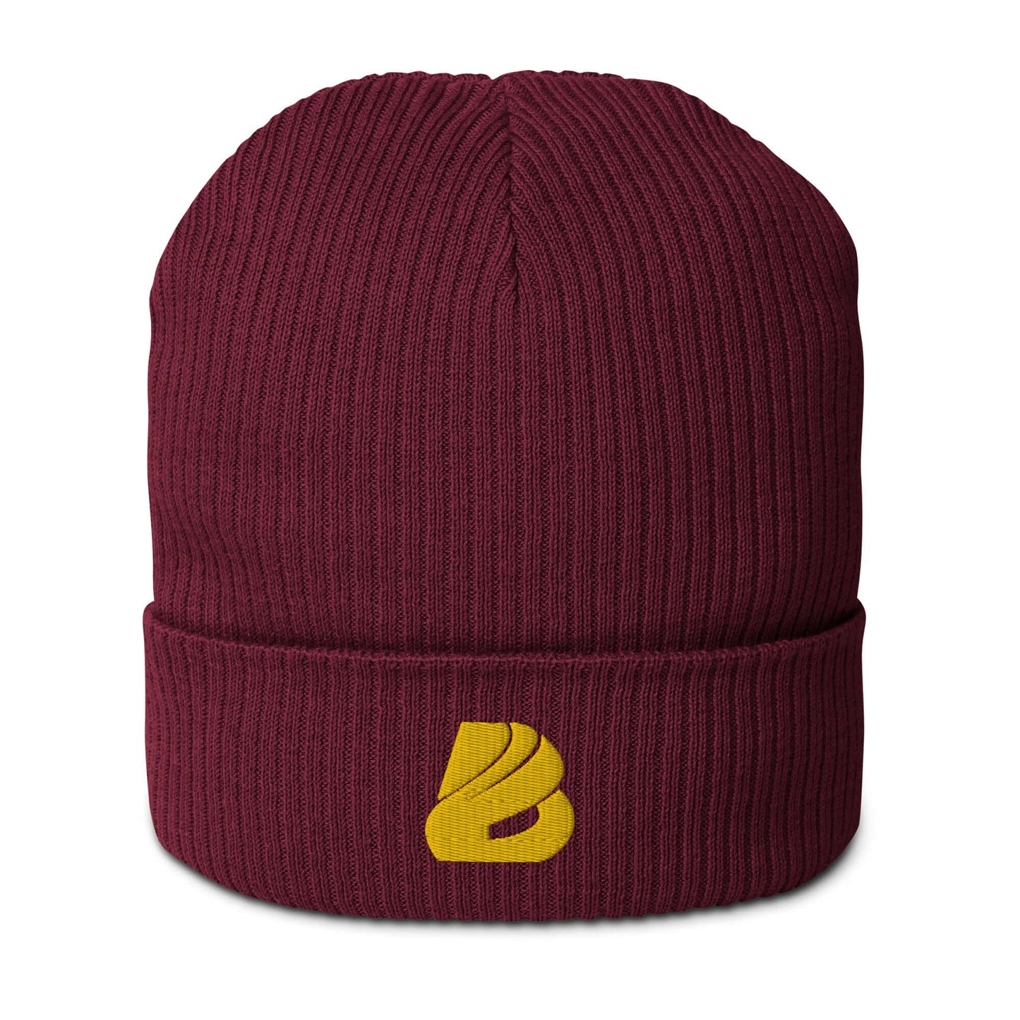 Gerippte Bio-Beanie N°1 aus Bio-Baumwolle in Rot mit gelbem Logo, geripptes Design, stylisch und umweltfreundlich