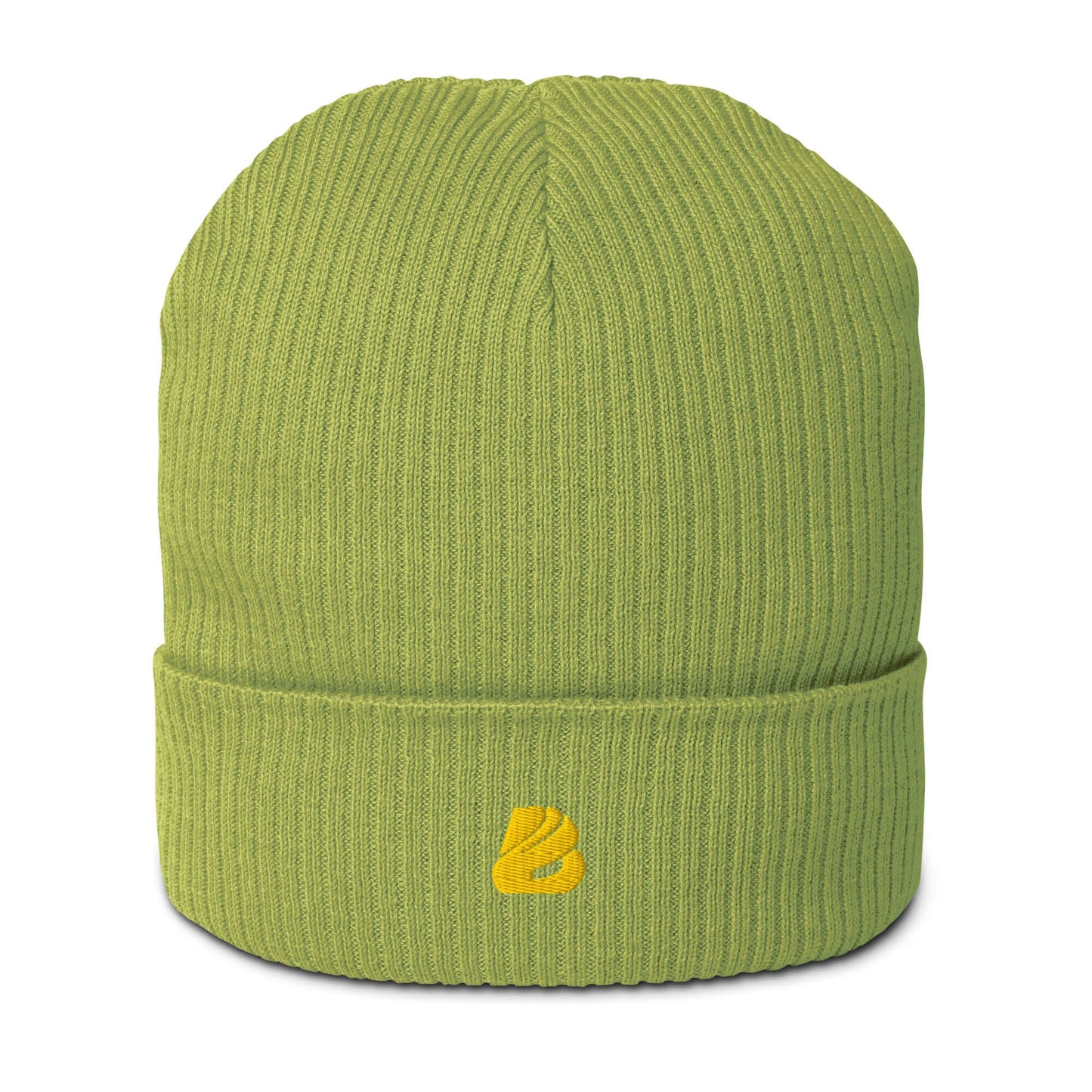 Gerippte Bio-Beanie aus grüner Bio-Baumwolle mit Rippbündchen, ideal für Innen- und Außeneinsatz, stilvoll und umweltfreundlich.