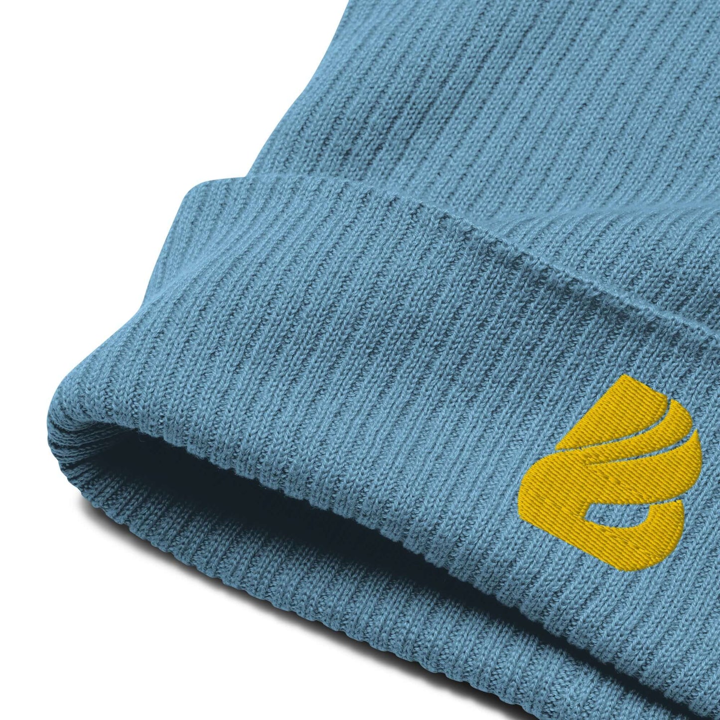 Gerippte Bio-Beanie N°1 in Blue, made from 100% organic cotton, featuring ribbed texture and yellow embroidery, eco-friendly beanie.