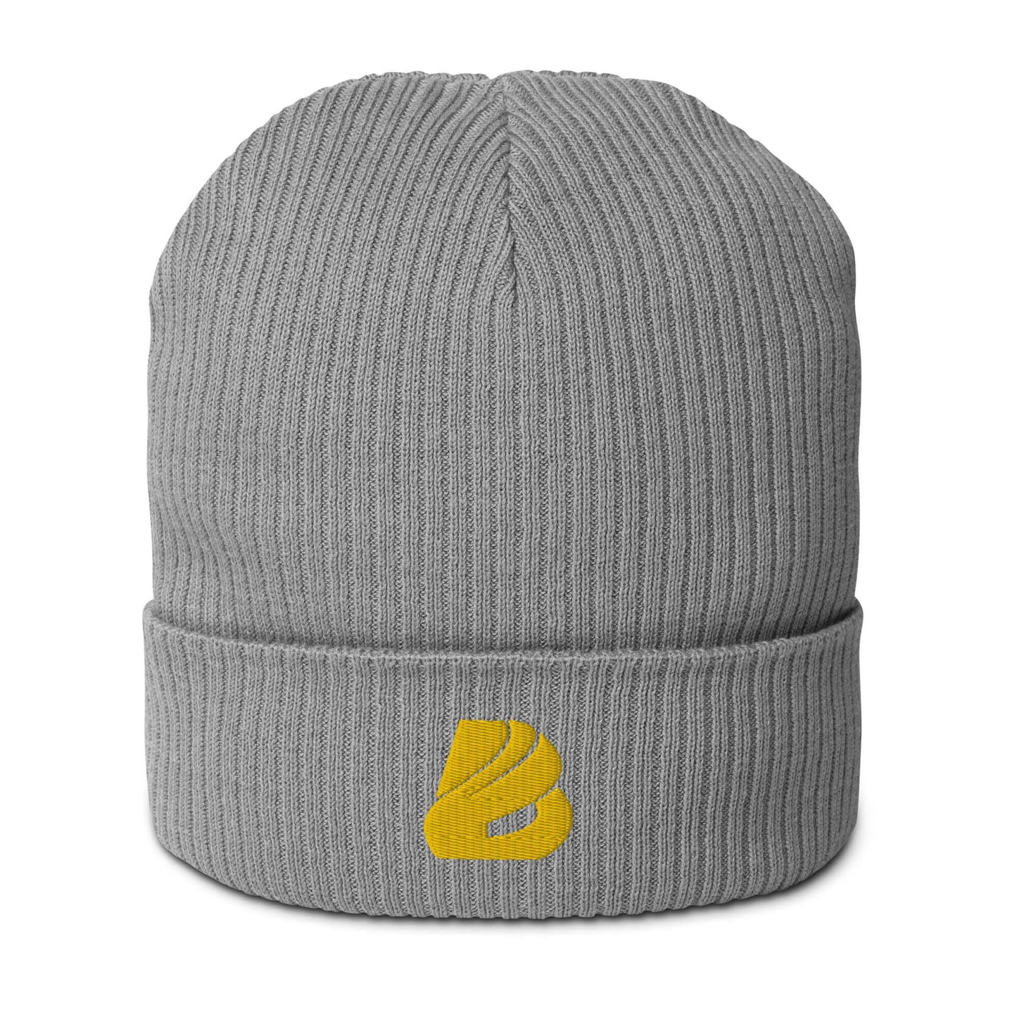 Gerippte Bio-Beanie N°1 aus 100% Bio-Baumwolle, graue Mütze mit gelbem Logo, umweltfreundlich und stilvoll für jeden Anlass.