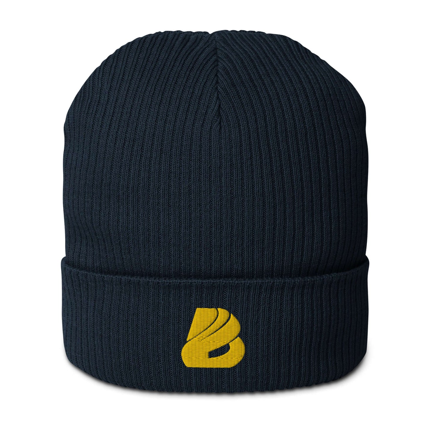 Gerippte Bio-Beanie N°1 aus Bio-Baumwolle, schwarze gerippte Mütze mit gelbem Logo, stylisch und umweltfreundlich.