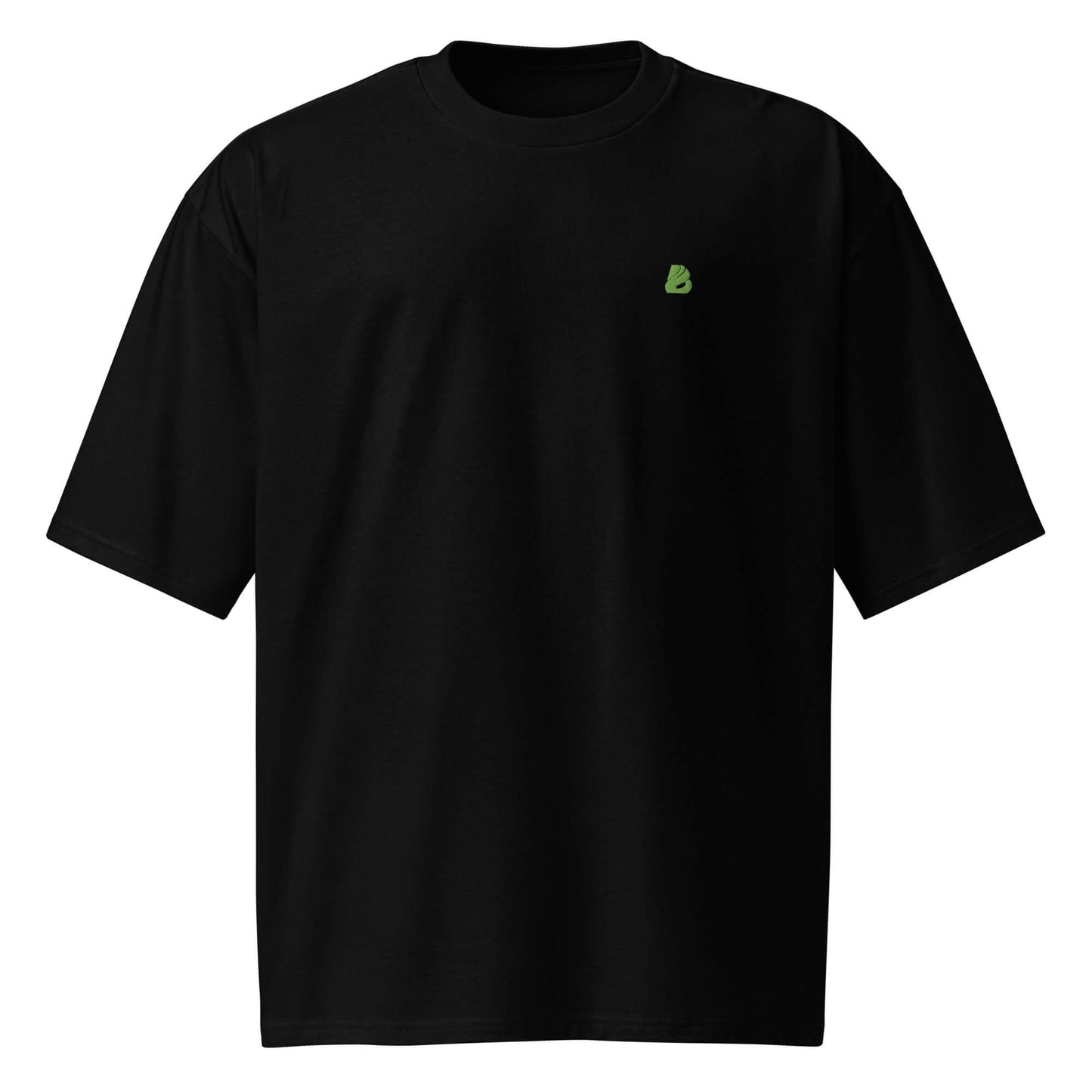Schwarzes, schweres Oversized-T-Shirt mit kleinem grünem Logo, ideal für den urbanen Streetwear-Look.