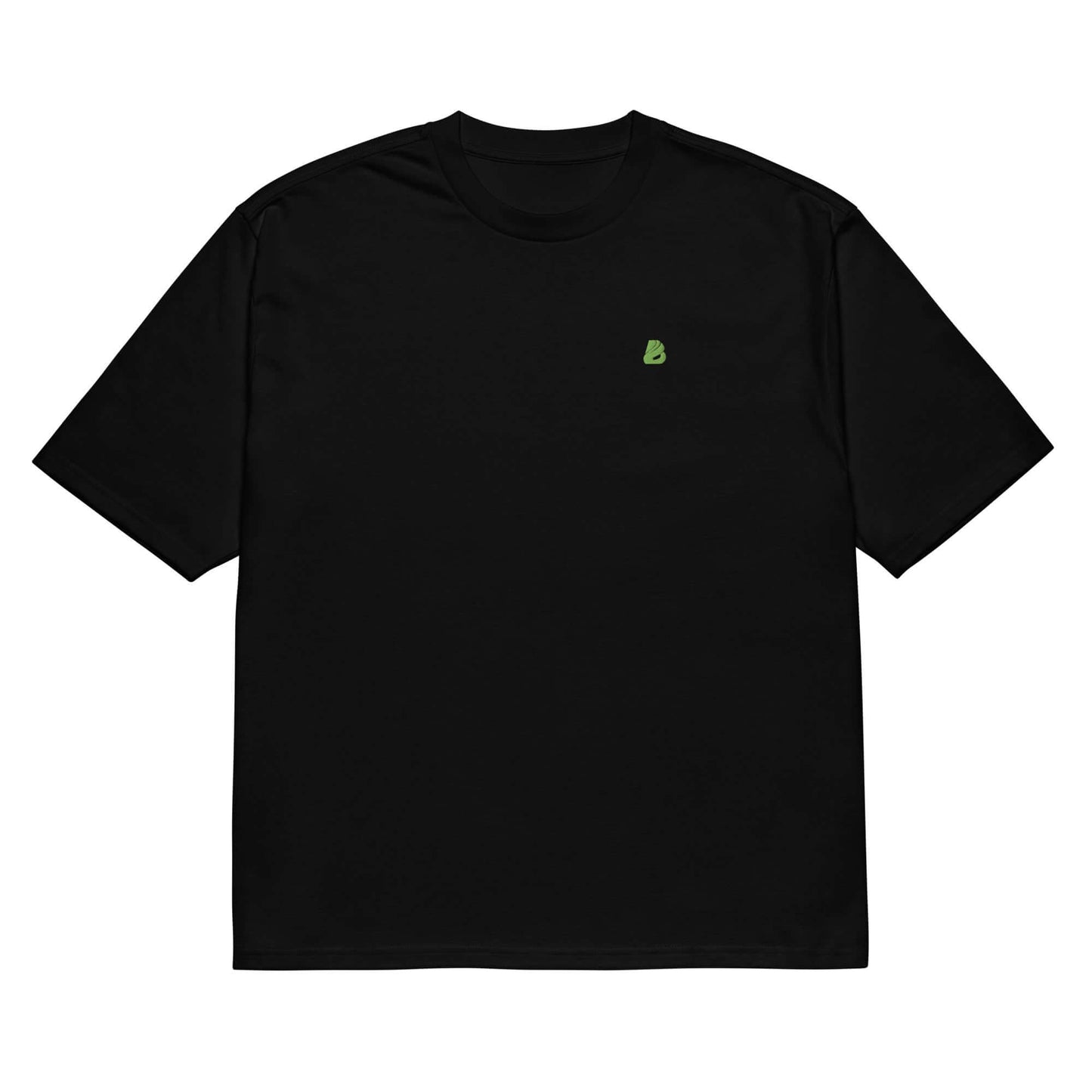 Schwarzes oversized T-Shirt mit grünem Logo, ideal für einen urbanen Streetwear-Look.