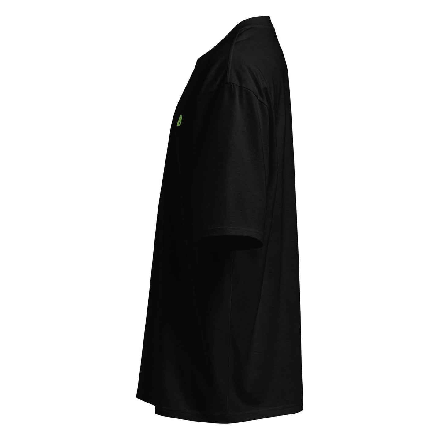 Schwarzes oversized T-Shirt in seitlicher Ansicht, aus schwerem, atmungsaktivem Baumwollstoff.