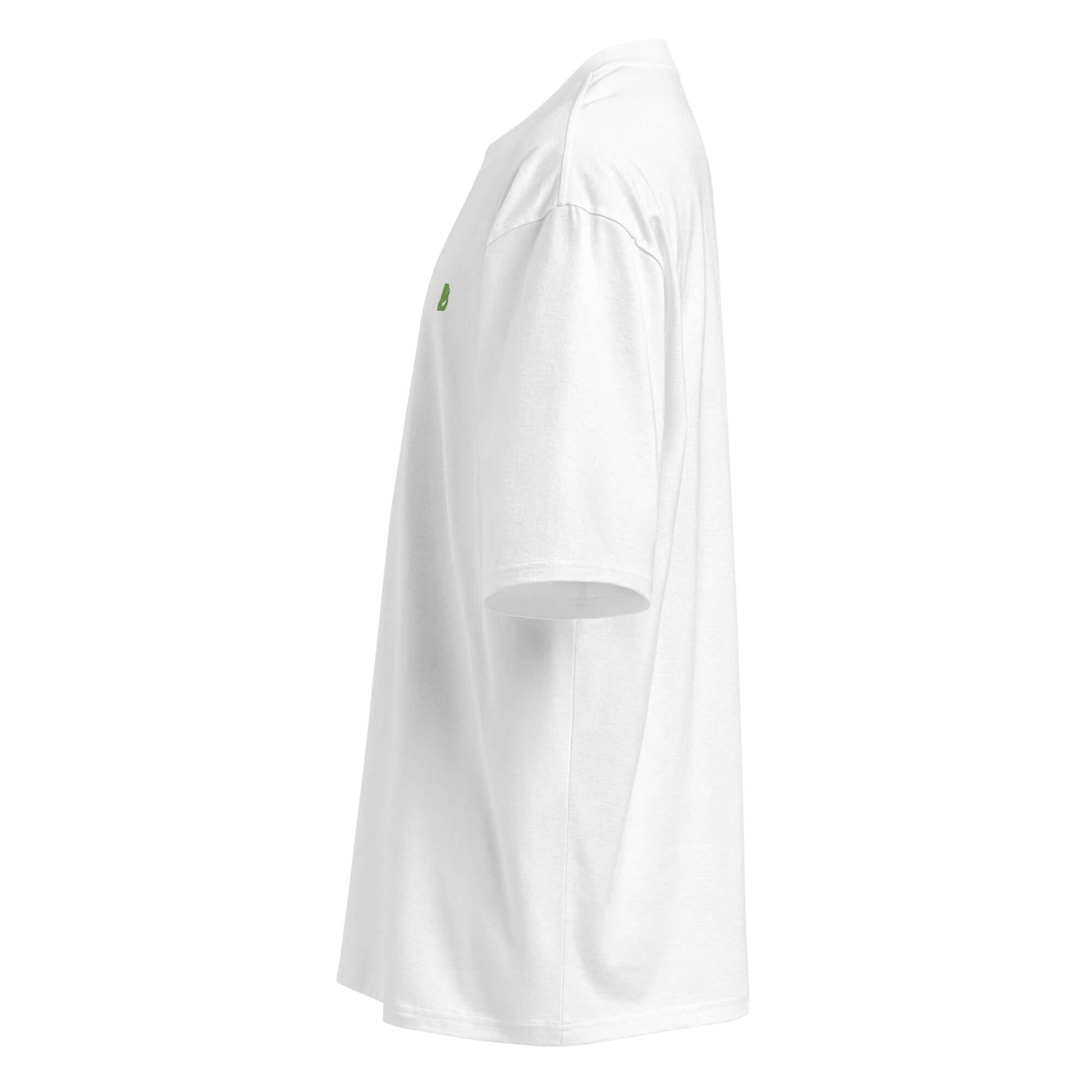 Schweres oversized T-Shirt in Weiß, Seitenansicht, aus atmungsaktivem Baumwollstoff für bequemen, lässigen Look und ultimativen Komfort.